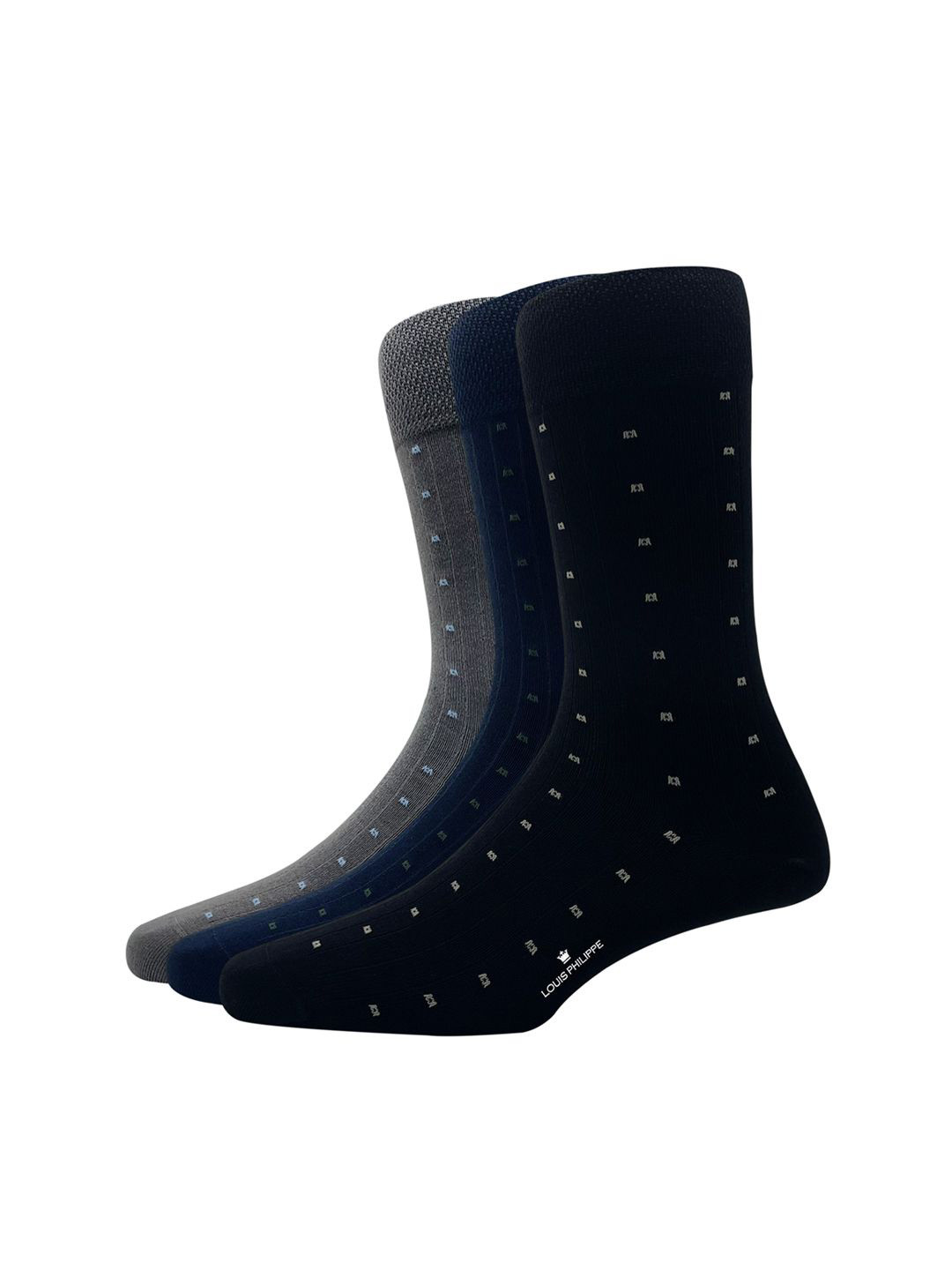 

Louis Philippe Men Pack Of 3 Striped Calf Length Socks, Grey