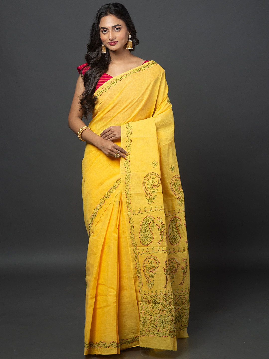 

Urbane Essence Kantha Work Pure Cotton Saree, Yellow