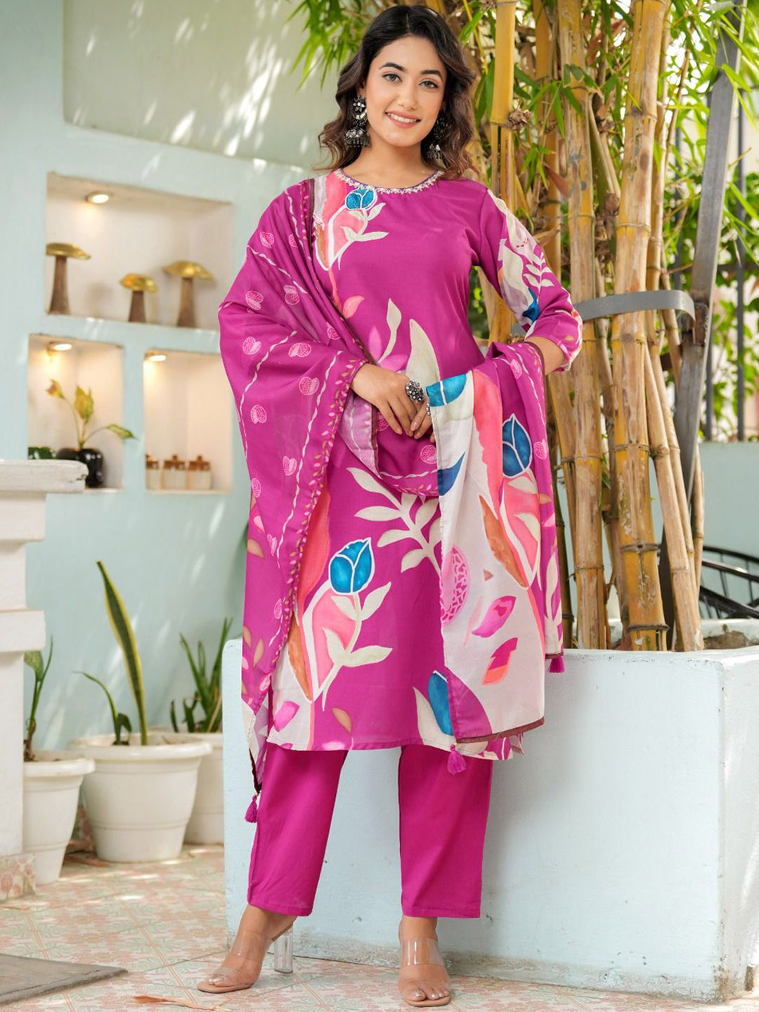 

Hatheli Women Floral Printed Beads and Stones Kurta with Trousers & With Dupatta, Purple