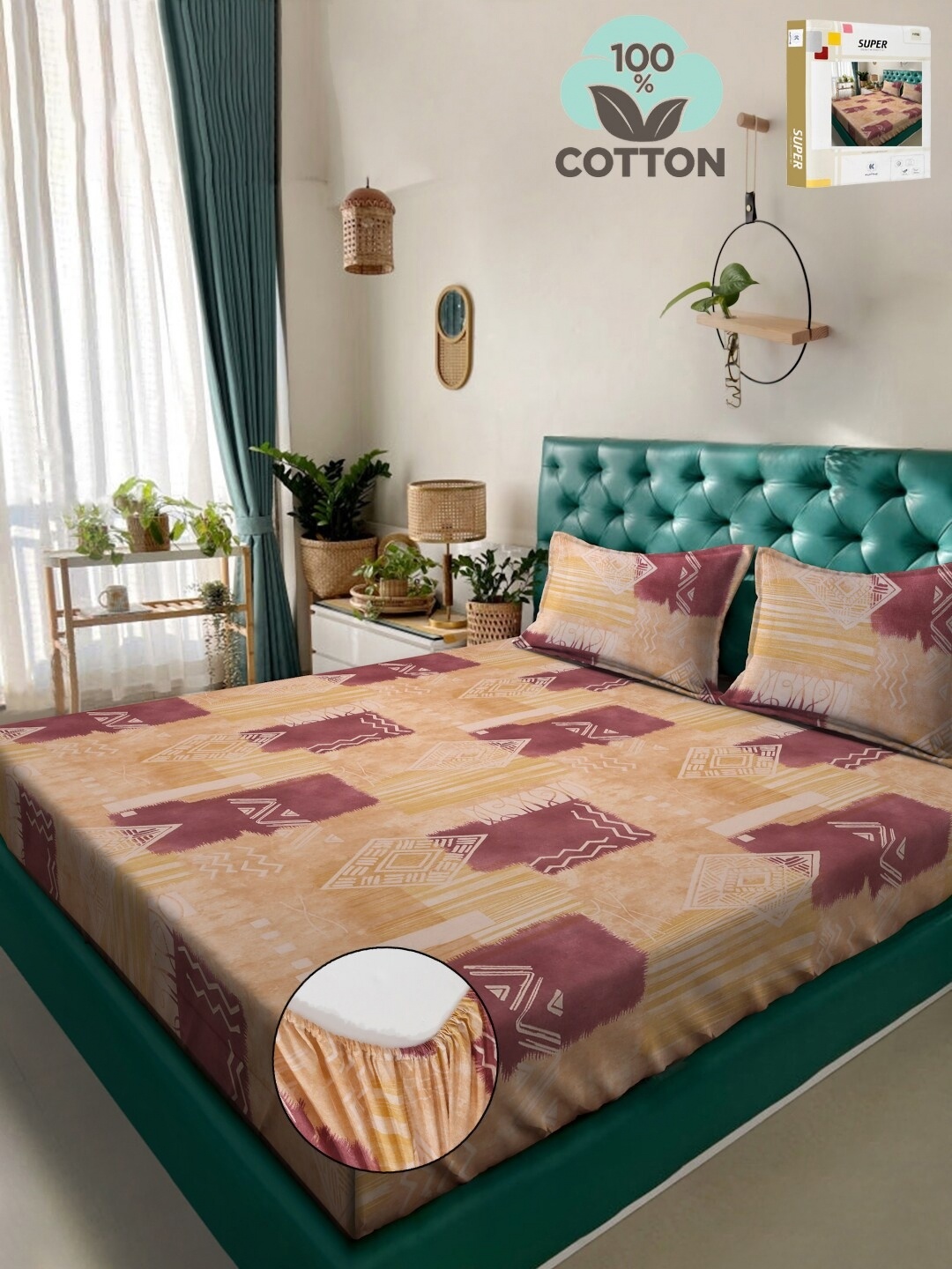 

KLOTTHE Orange Printed 400 TC Pure Cotton Fitted Double King Bedsheet & 2 Pillow Covers
