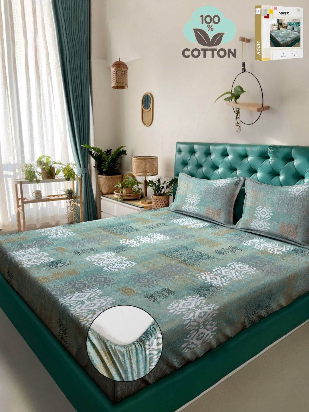 

KLOTTHE Green Printed 400 TC Pure Cotton Fitted Double King Bedsheet & 2 Pillow Covers