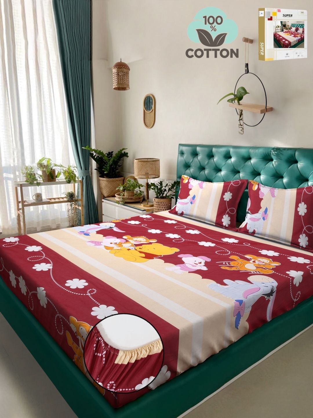 

KLOTTHE Red Cartoon Characters Printed 400TC Pure Cotton Double King Bedsheet Set