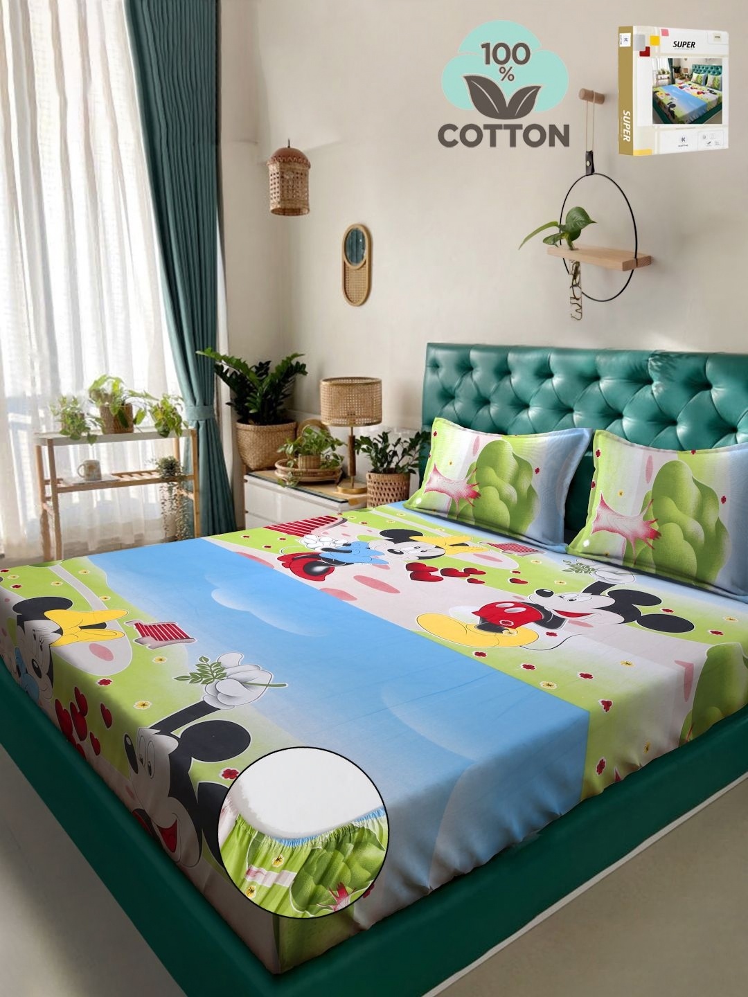 

KLOTTHE Green Cartoon Characters Printed 400TC Pure Cotton Double King Bedsheet Set