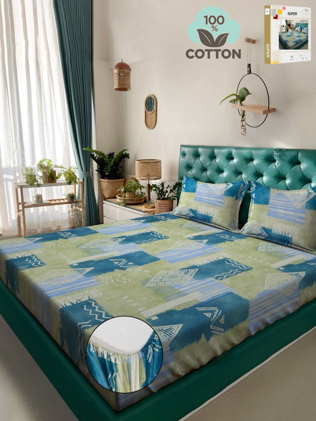 

KLOTTHE Green Geometric Printed 400TC Pure Cotton Double King Fitted Bedsheet Set