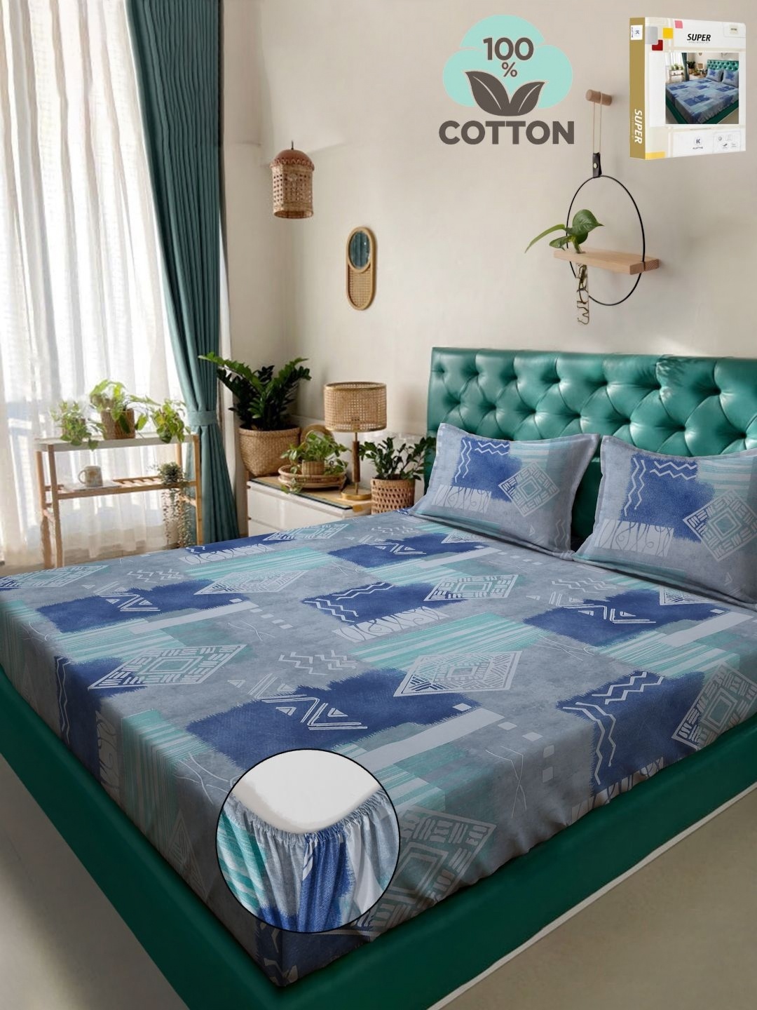 

KLOTTHE Blue Geometric Printed 400TC Pure Cotton Fitted Double King Bedsheet Set