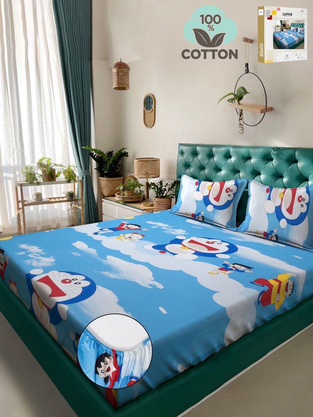 

KLOTTHE Blue Cartoon Characters Printed 400TC Pure Cotton Double King Bedsheet Set