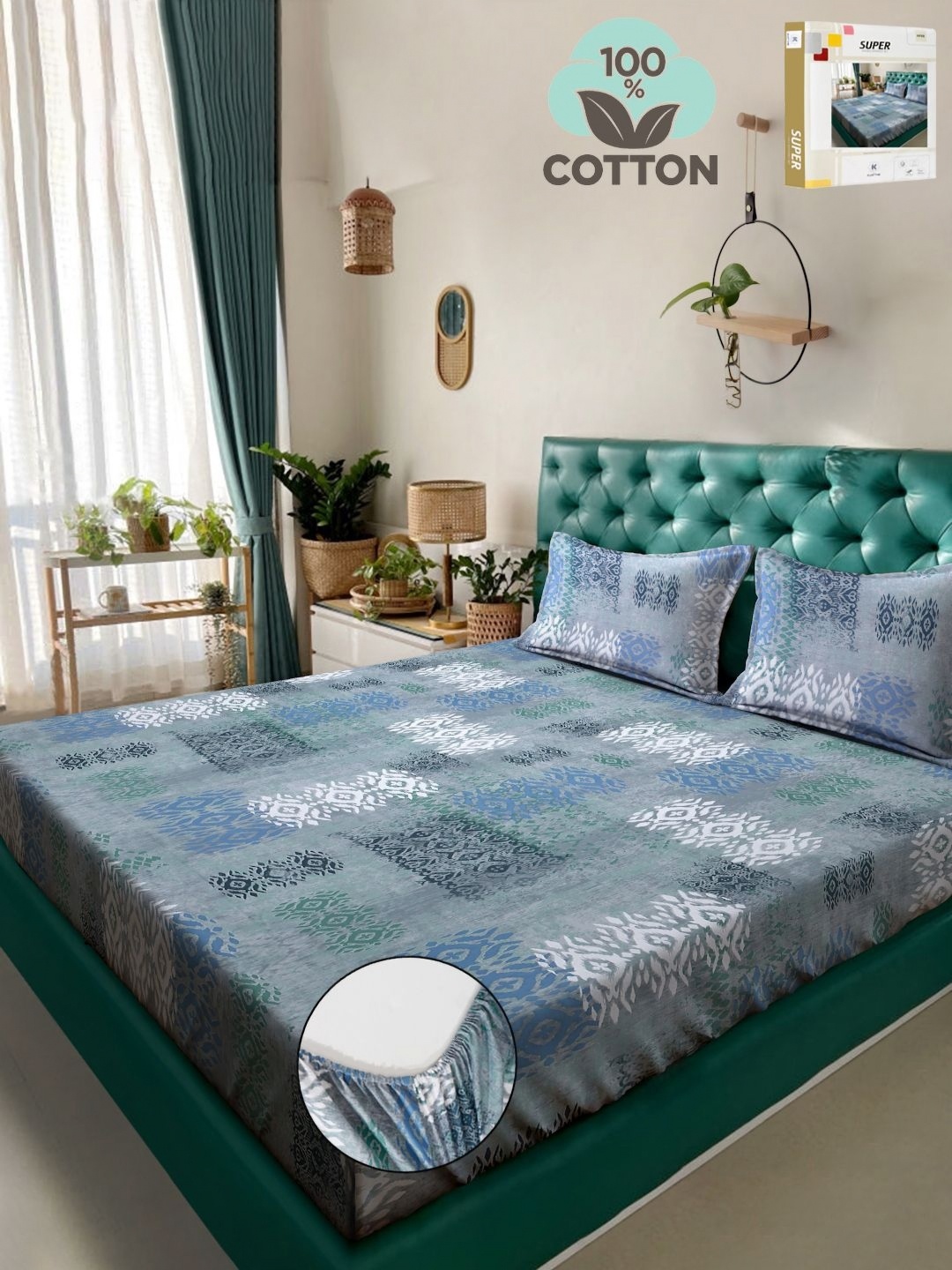 

KLOTTHE Blue Geometric Printed 400TC Pure Cotton Fitted Double King Bedsheet Set