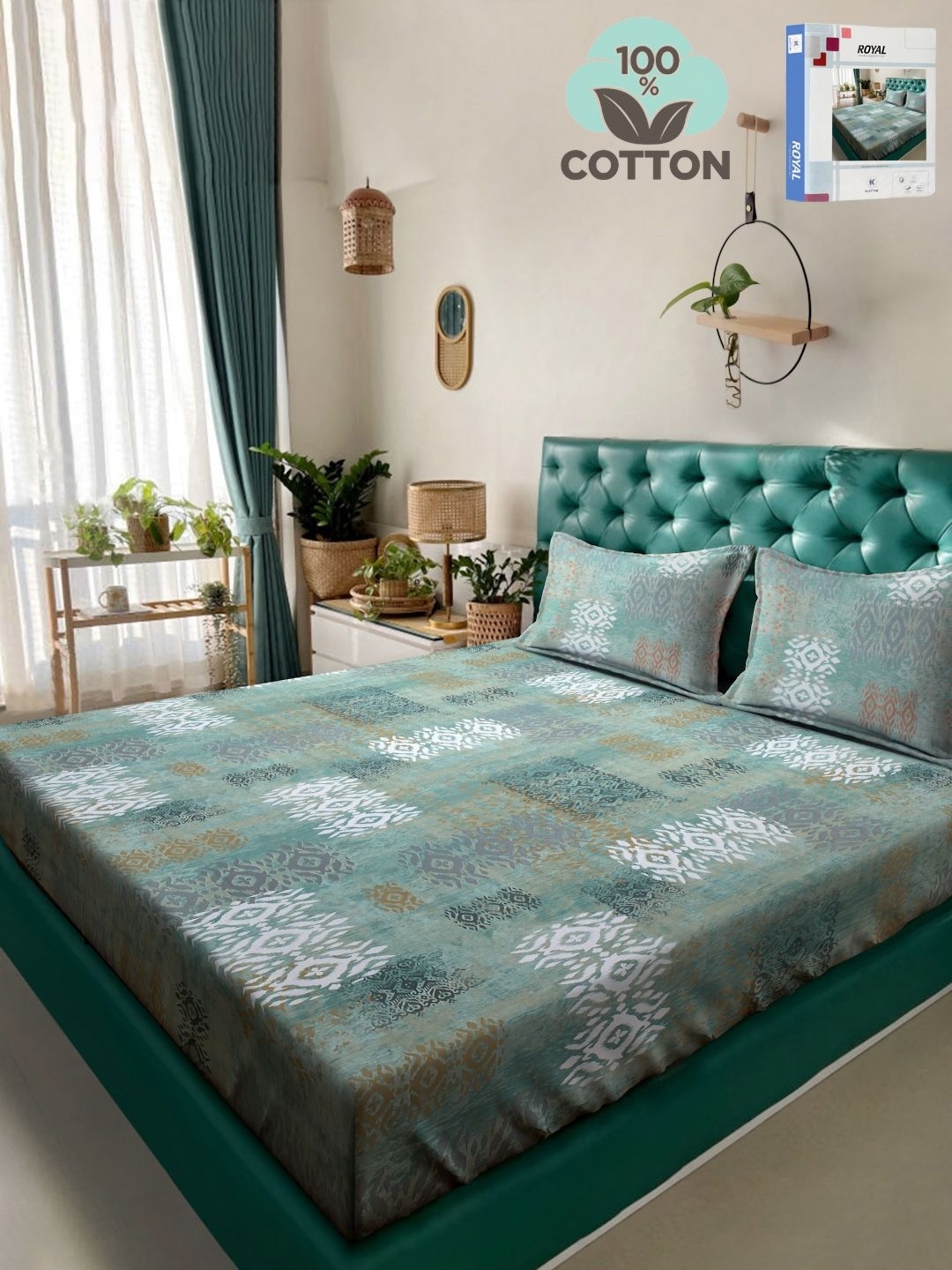 

KLOTTHE Green Geometric Printed 400TC Pure Cotton Double King Bedsheet Set