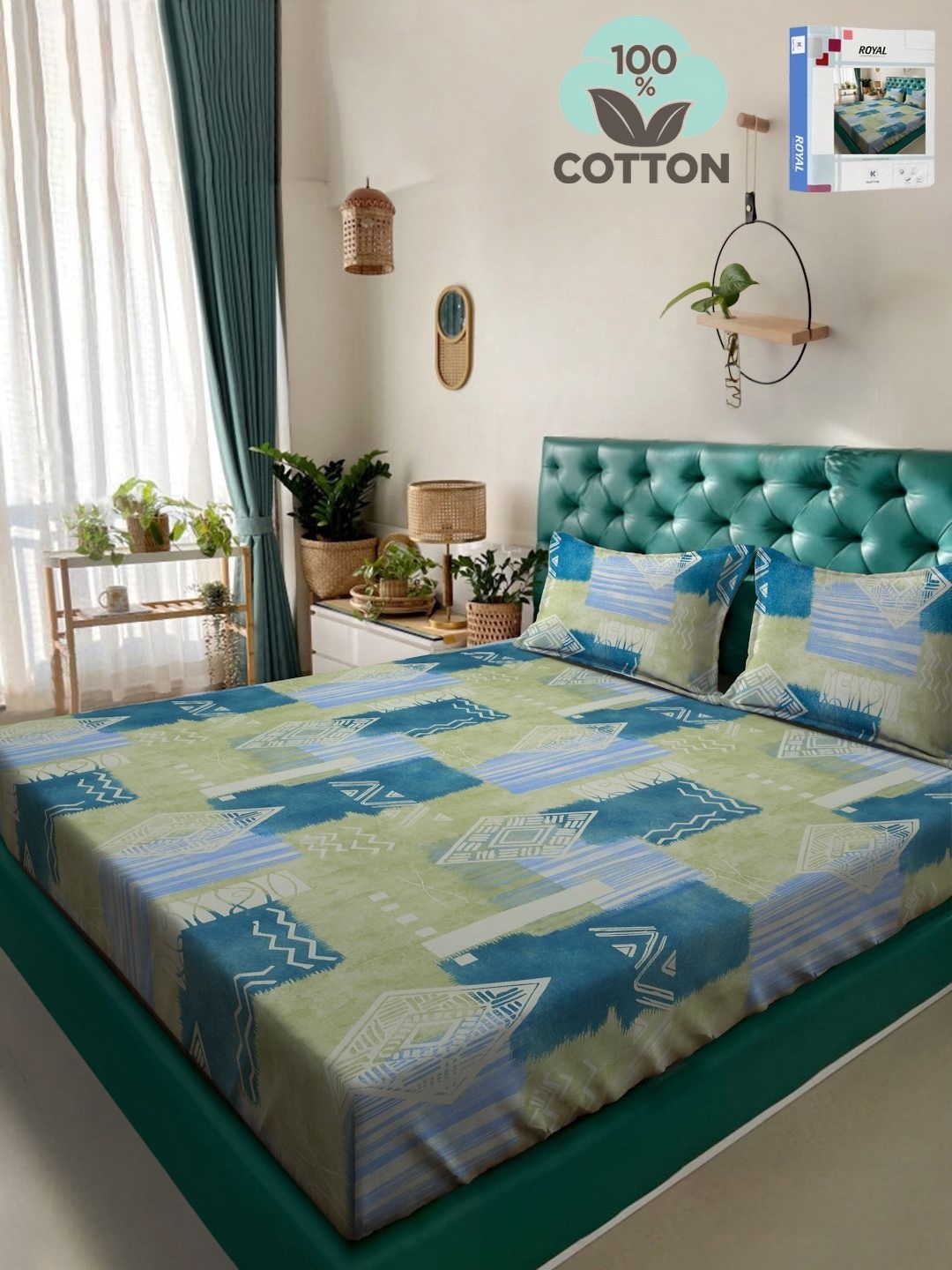 

KLOTTHE Green & Blue Printed 400 TC Pure Cotton Double King Bedsheet Set