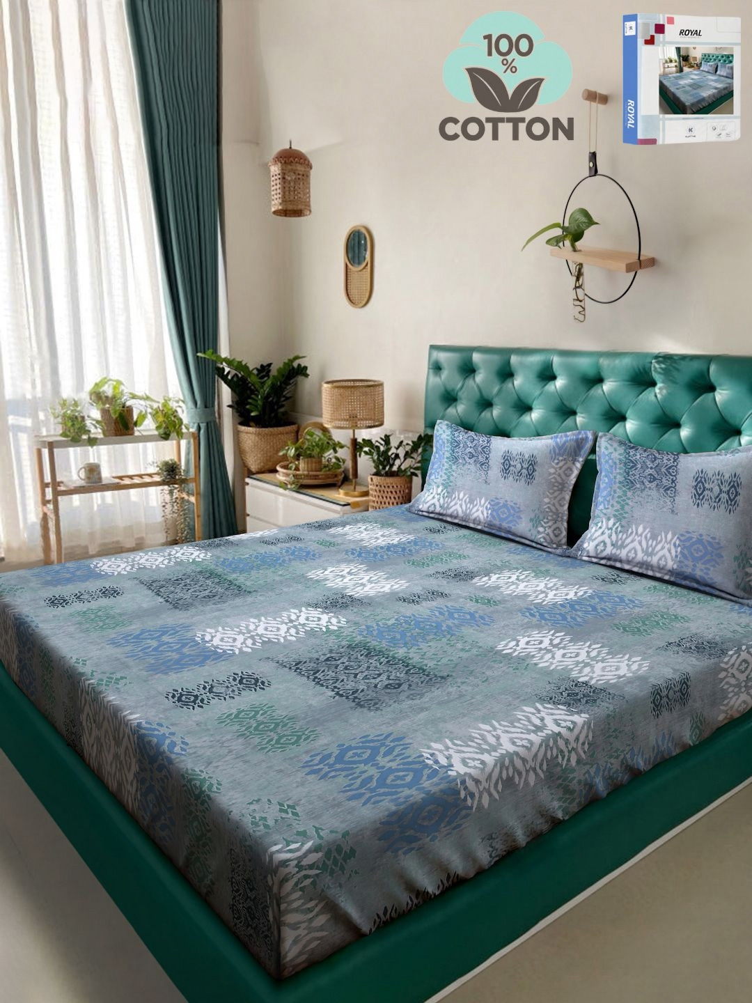 

KLOTTHE Blue Geometric Printed 400TC Pure- Cotton Fitted Double King Bedsheet Set