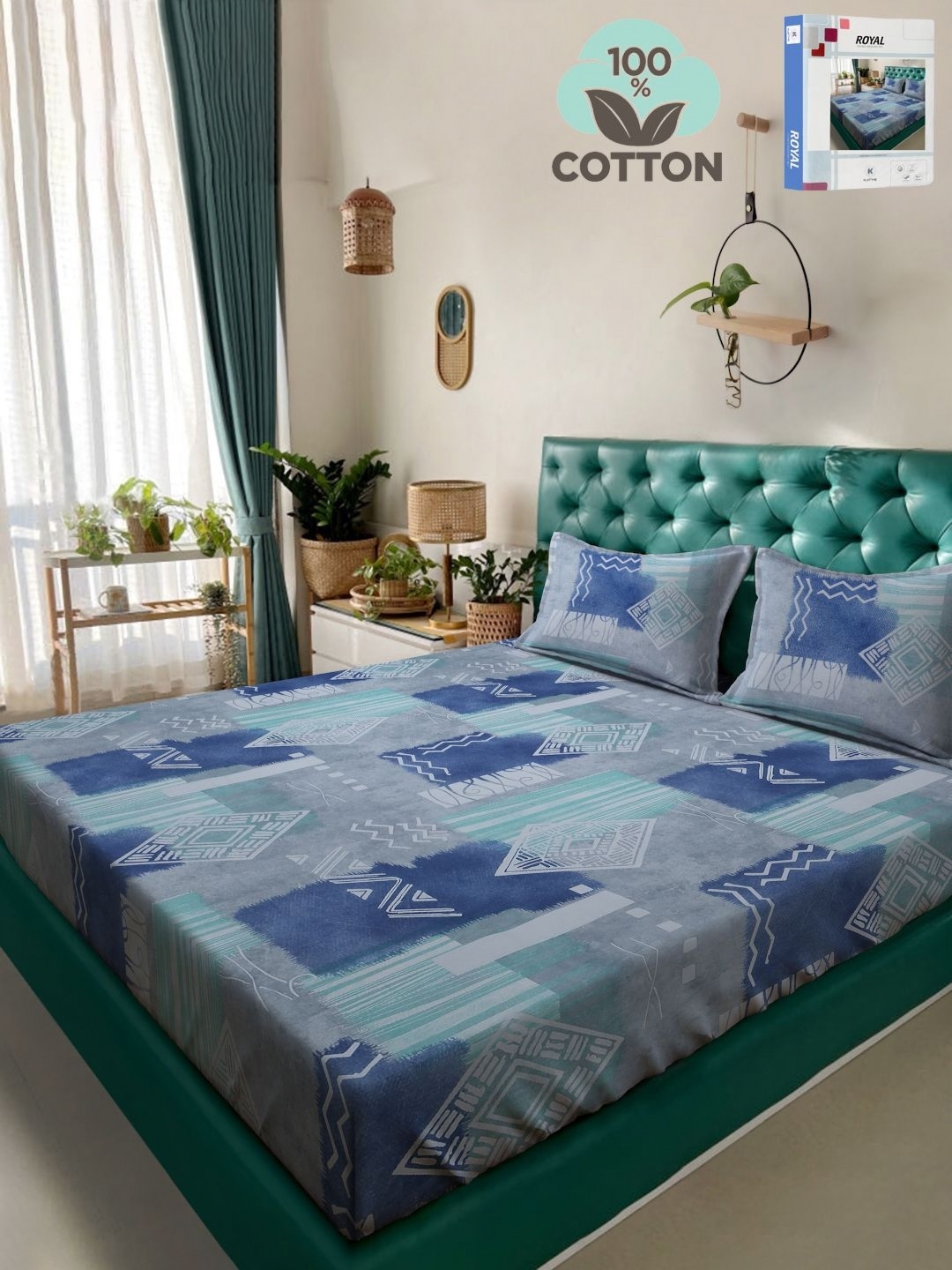 

KLOTTHE Blue Geometric Printed 400TC Pure Cotton Fitted Double King Bedsheet Set