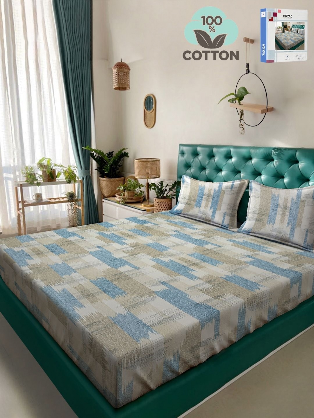 

KLOTTHE Beige & Blue Printed 400 TC Pure Cotton Double King Bedsheet Set