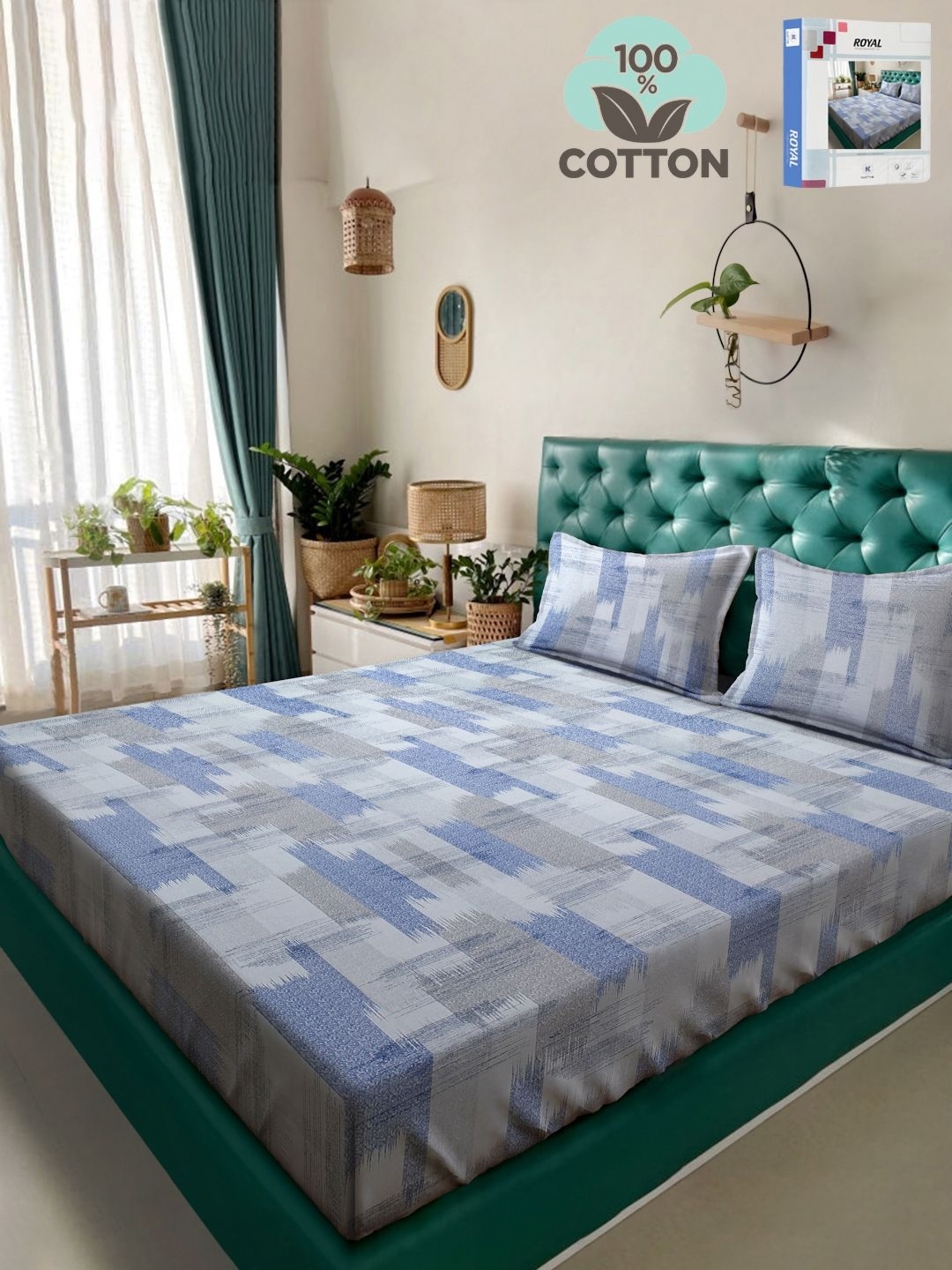 

KLOTTHE Blue & White Geometric Printed 400TC Pure Cotton Double King Bedsheet Set i