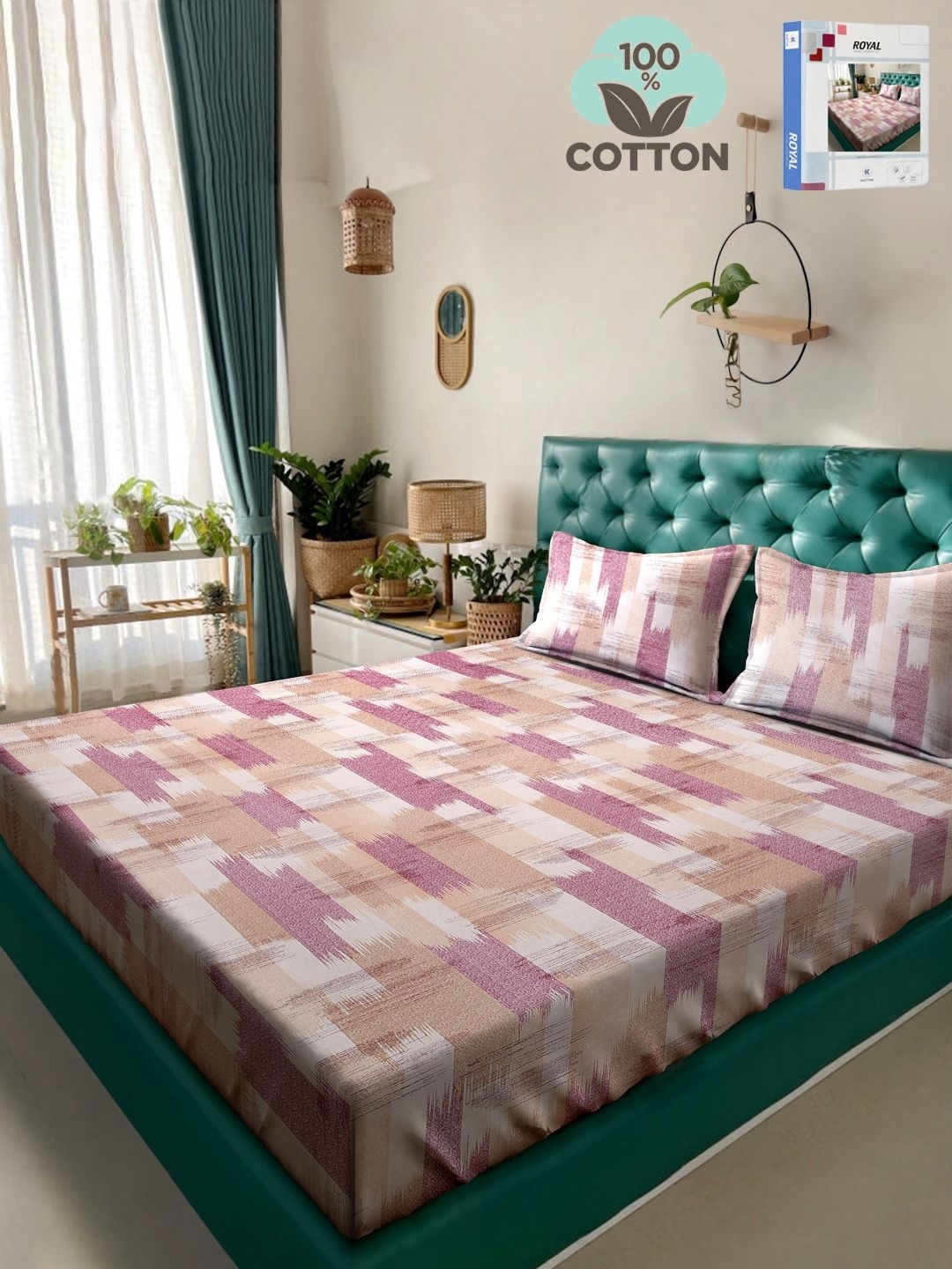 

KLOTTHE Pink & Beige Printed 400 TC Pure Cotton Double King Bedsheet Set