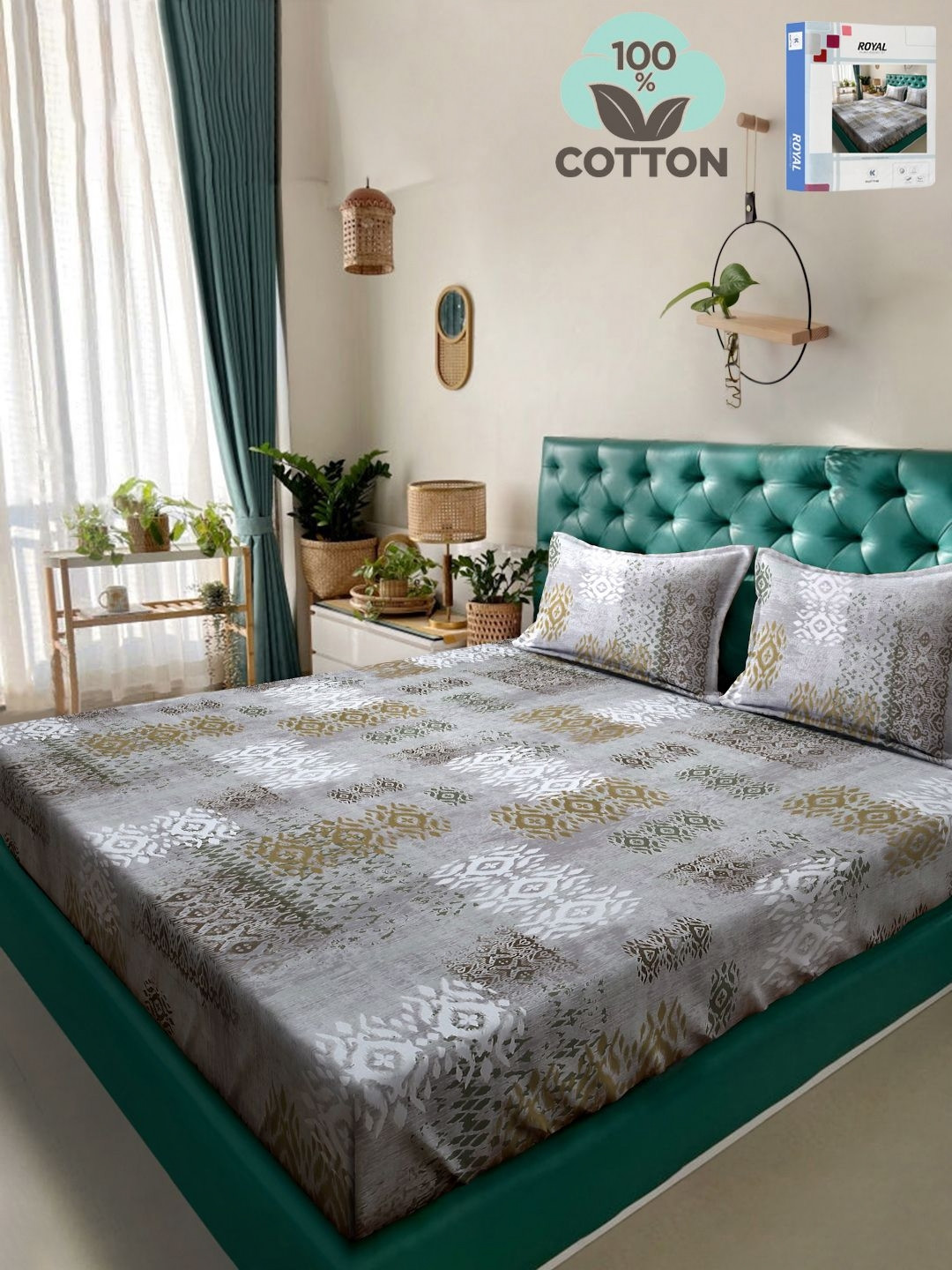 

KLOTTHE Grey Geometric Printed 400TC Pure Cotton Double King Bedsheet Set