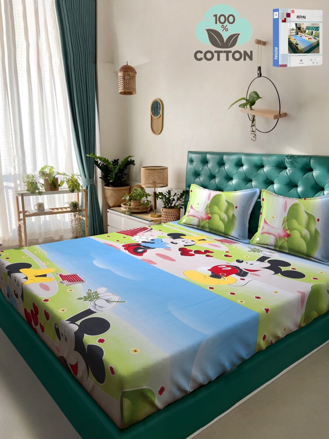 

KLOTTHE Green Cartoon Character Printed 400TC Pure Cotton Double King Bedsheet Set