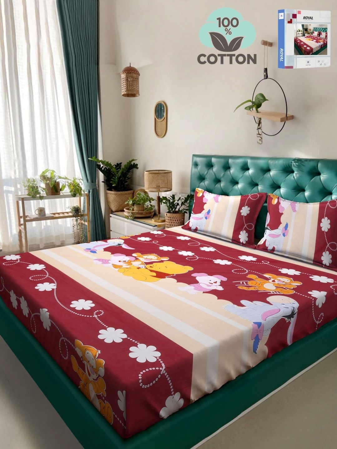 

KLOTTHE Red Cartoon Characters Printed 400 TC Pure Cotton Double King Bedsheet Set