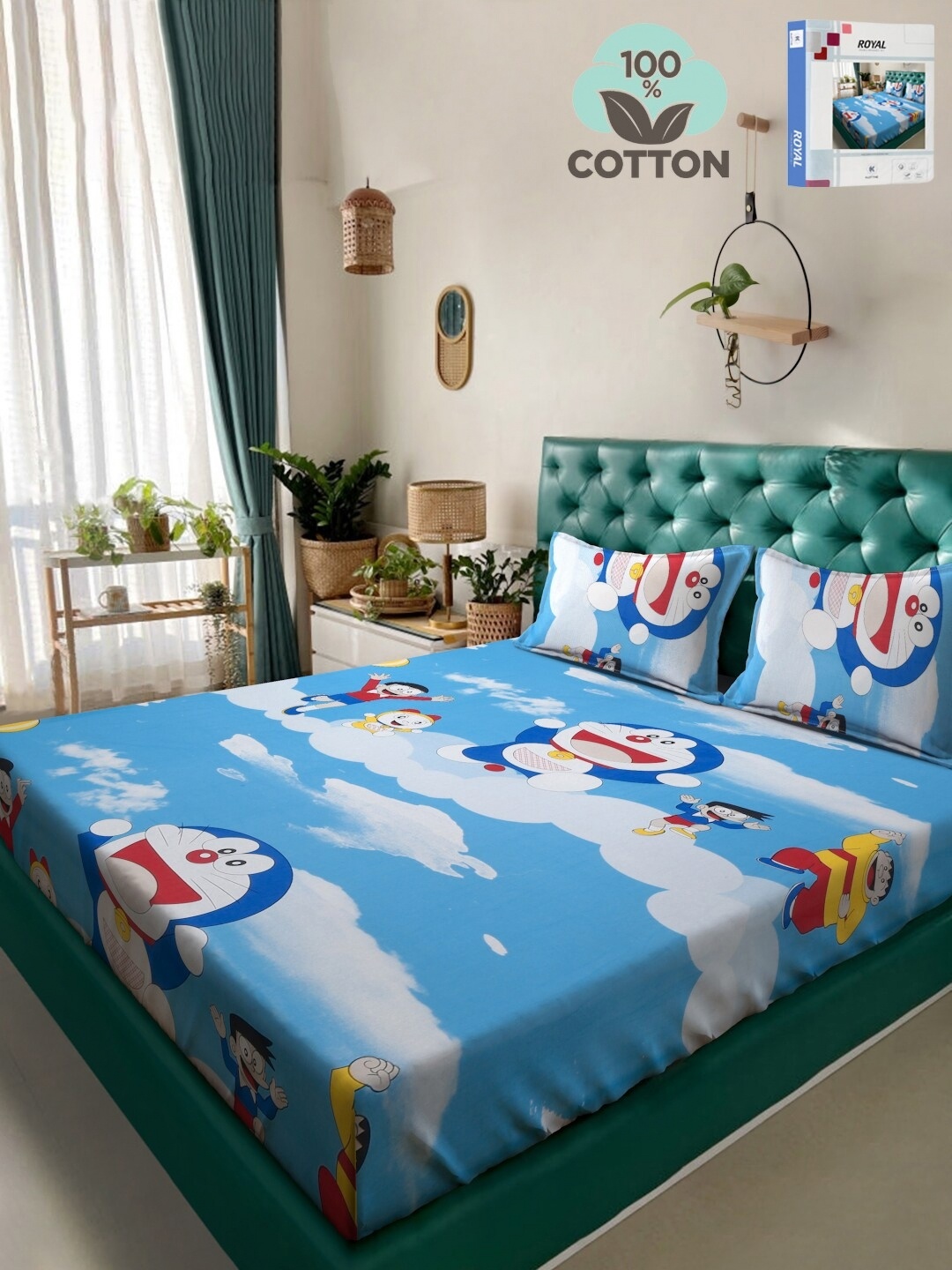 

KLOTTHE Blue Cartoon Characters Printed 400TC Pure Cotton Double King Bedsheet Set