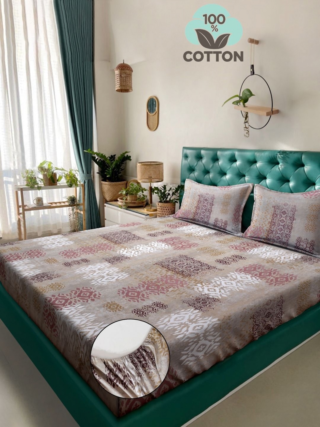 

KLOTTHE Beige Printed 400TC Pure Cotton Fitted Double King Bedsheet & Pillow Covers