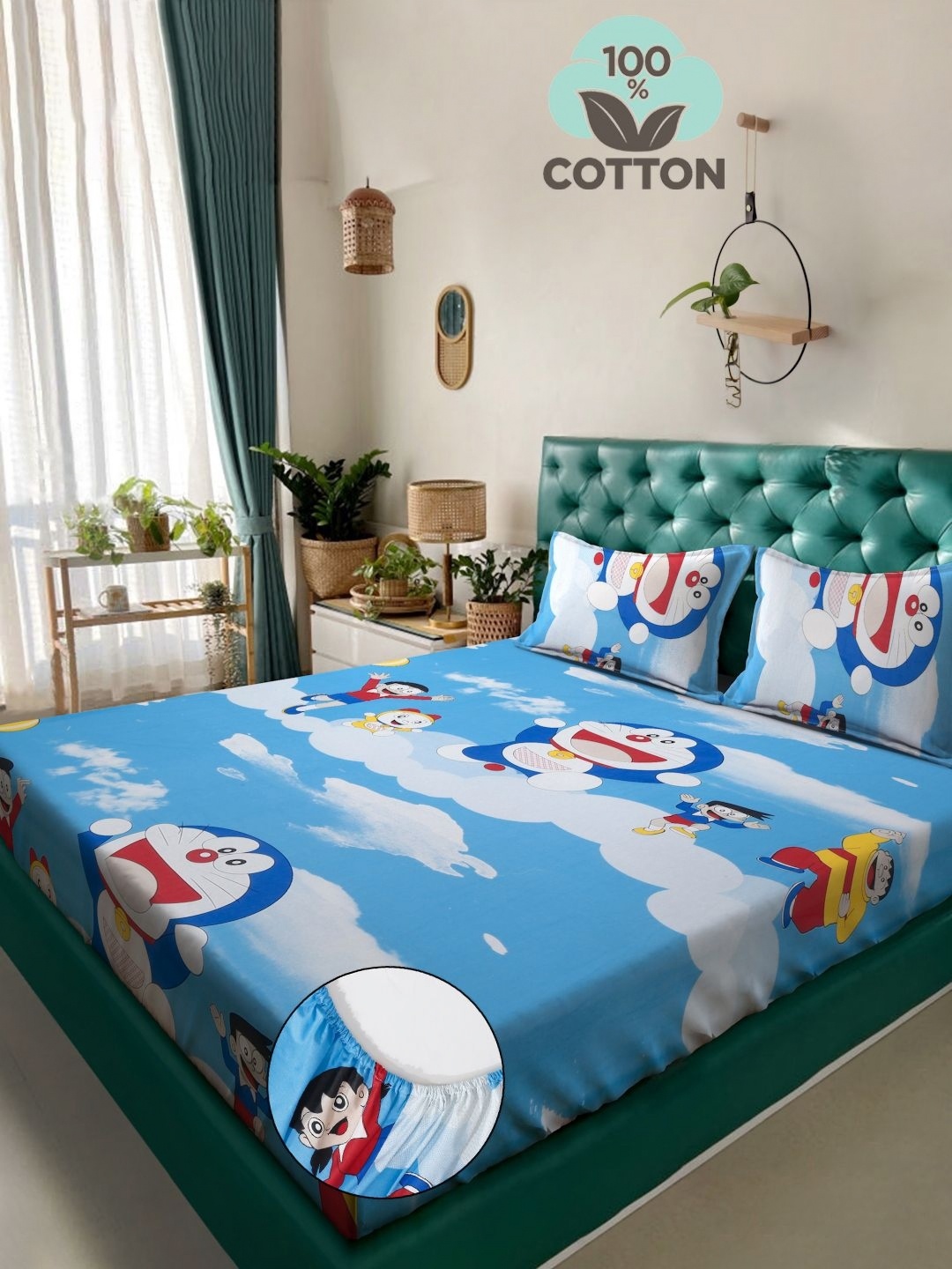 

KLOTTHE Blue Printed 400TC Pure Cotton Fitted Double King Bedsheet & Pillow Covers