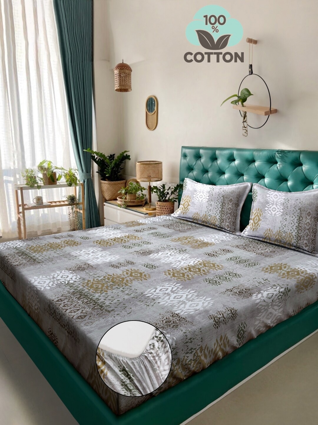 

KLOTTHE Grey Printed 400TC Pure Cotton Fitted Double King Bedsheet & Pillow Covers