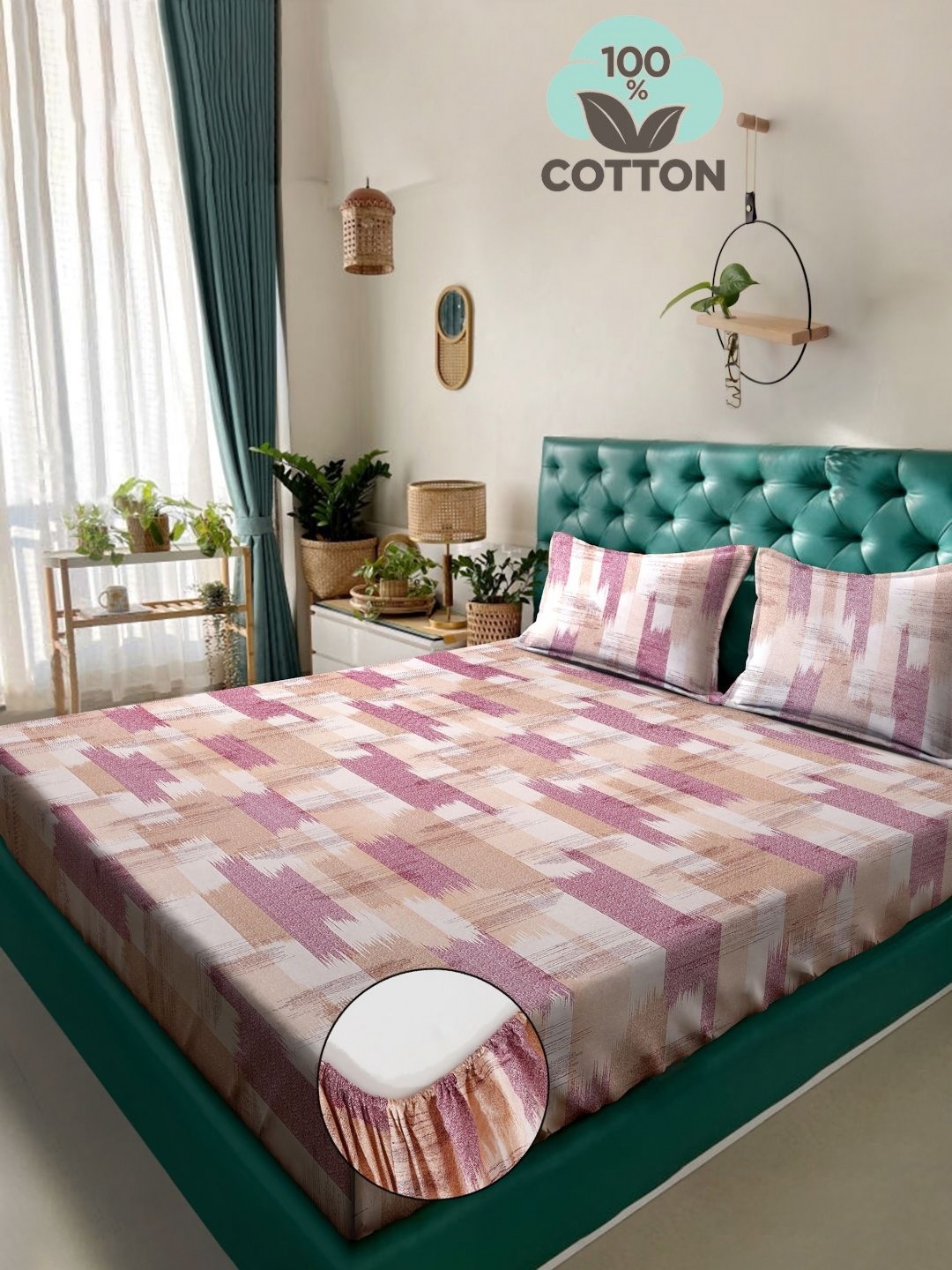 

KLOTTHE Pink Printed 400TC Pure Cotton Fitted Double King Bedsheet & Pillow Covers