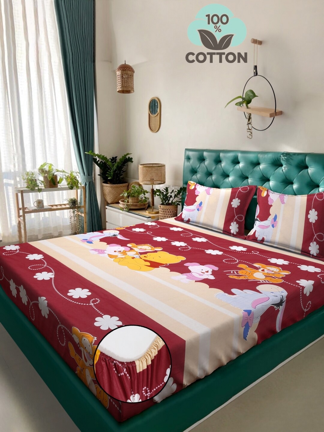 

KLOTTHE Red Printed 400TC Pure Cotton Fitted Double King Bedsheet & Pillow Covers