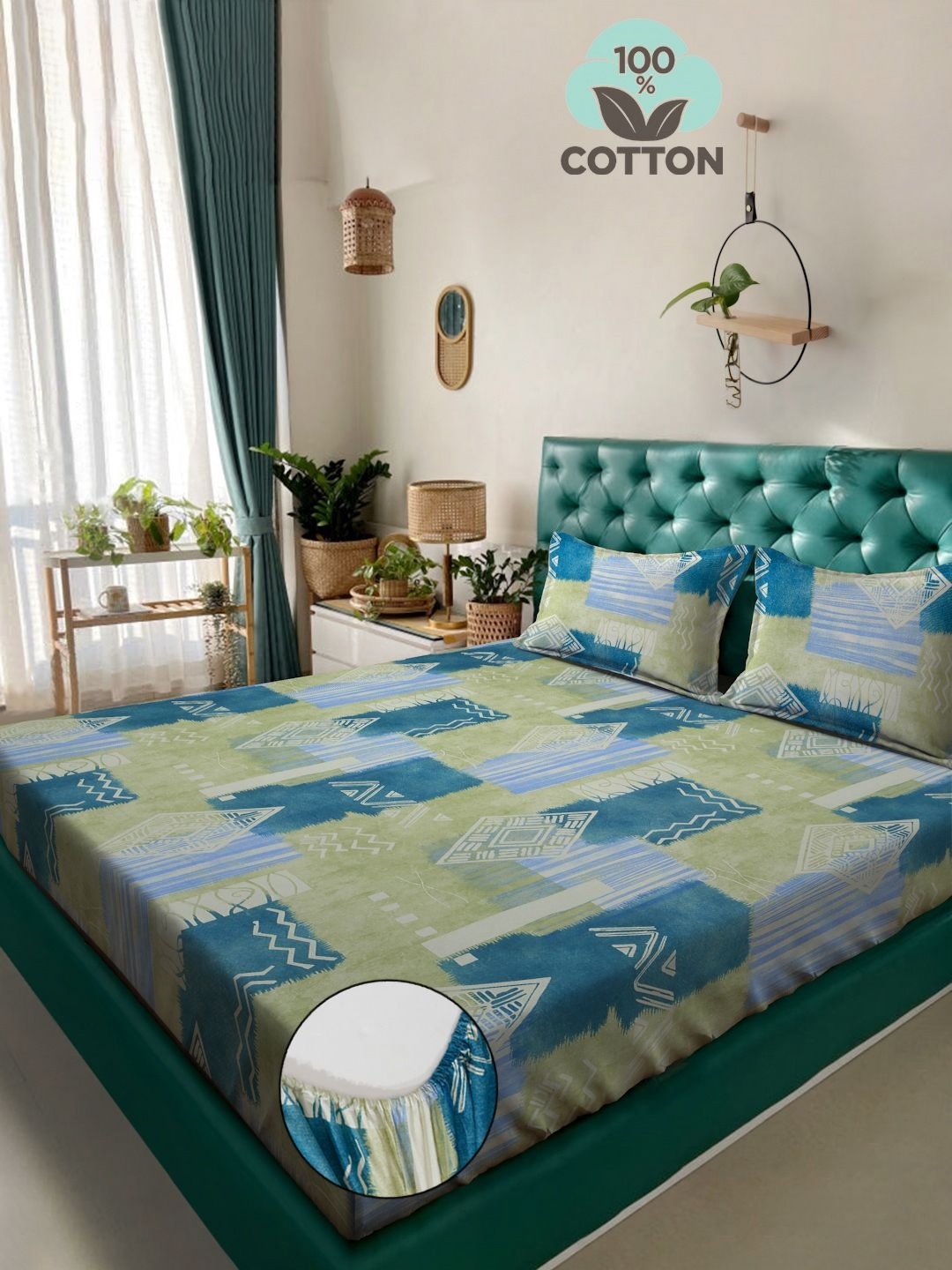 

KLOTTHE Green & Blue Printed 400TC Pure Cotton Fitted Double King Bedsheet & Pillow Covers