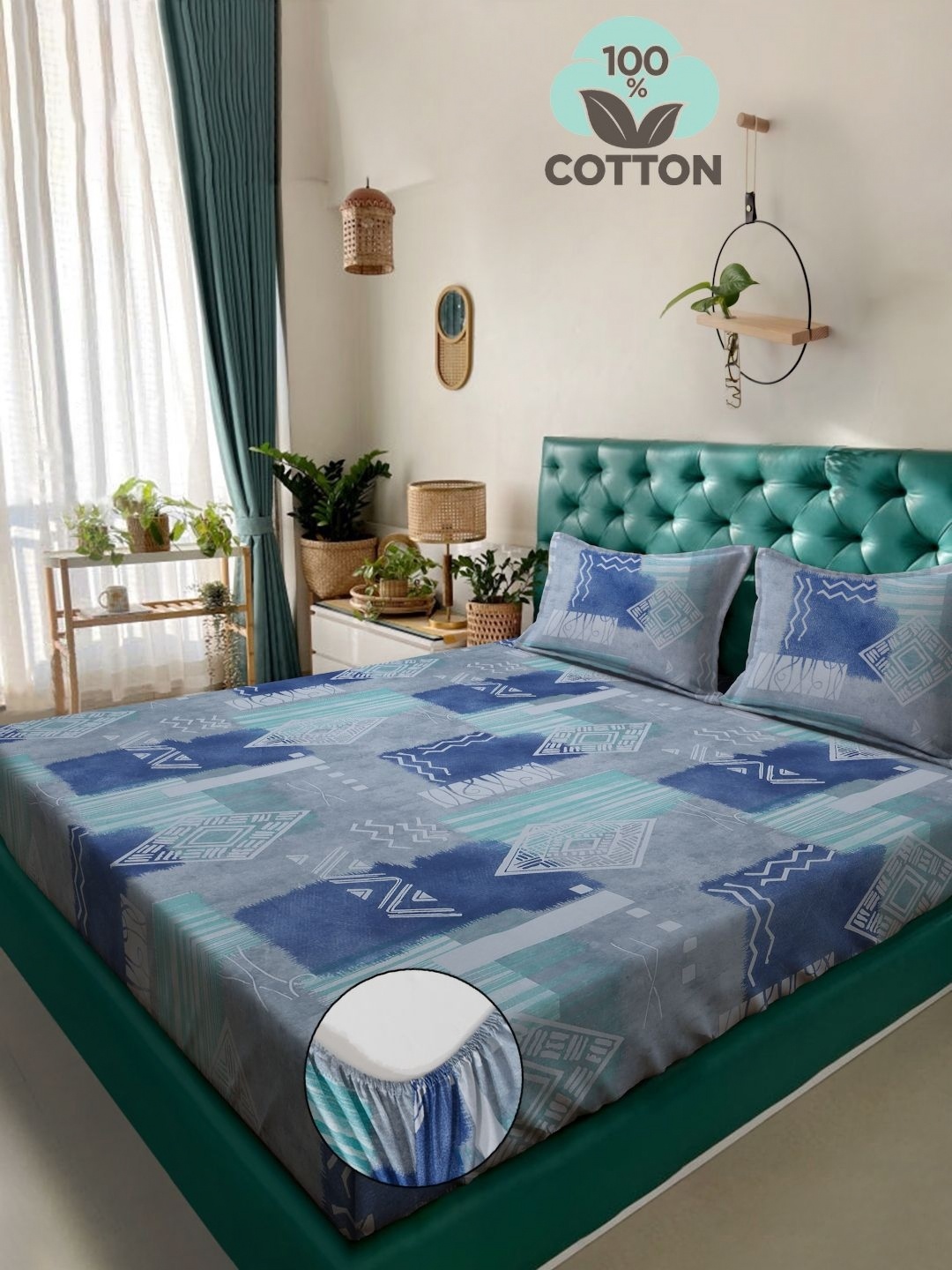 

KLOTTHE Blue Printed 400 TC Pure Cotton Fitted Double King Bedsheet With 2 Pillow Covers