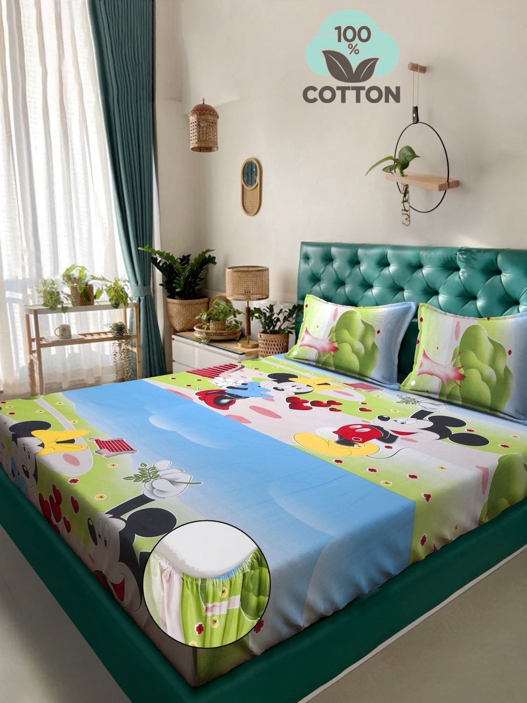 

KLOTTHE Green Printed 400TC Pure Cotton Fitted Double King Bedsheet & Pillow Covers