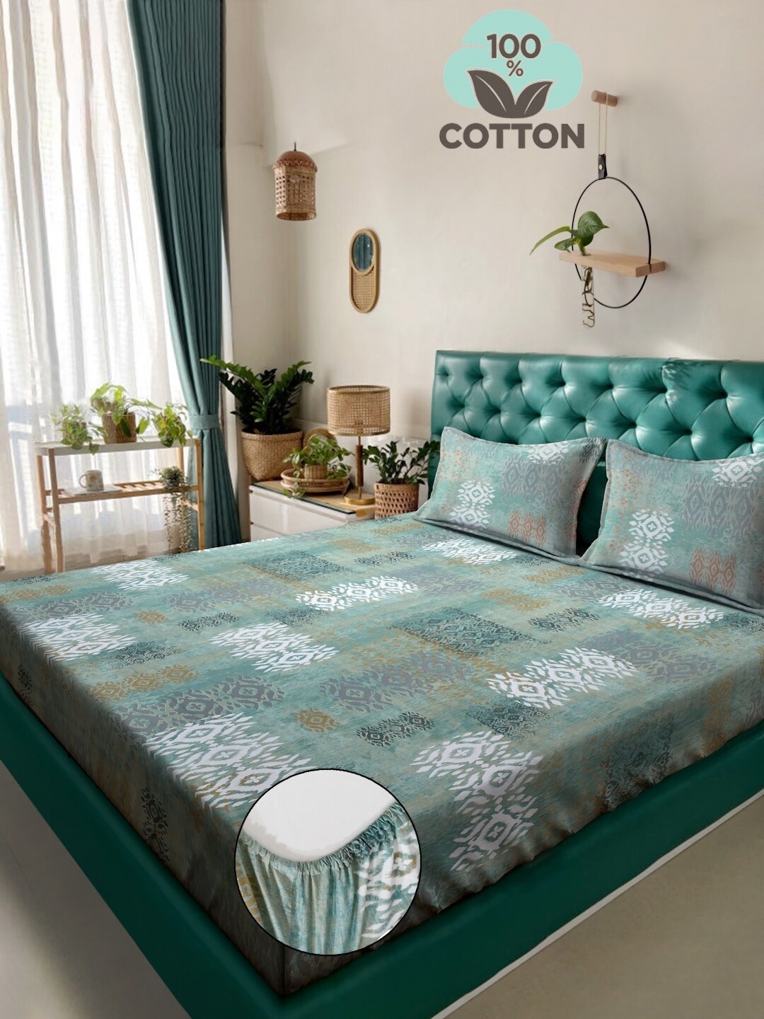 

KLOTTHE Green Printed 400 TC Pure Cotton Fitted Double King Bedsheet With 2 Pillow Covers