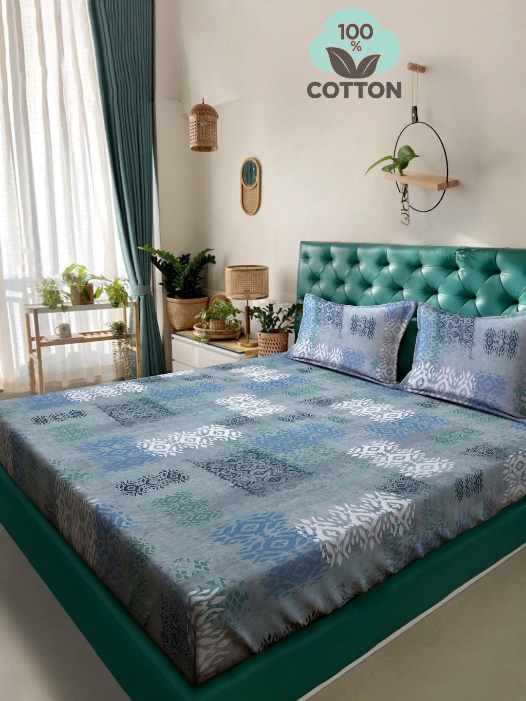 

KLOTTHE Blue Geometric Printed 400TC Pure Cotton Double King Bedsheet & Pillow Covers