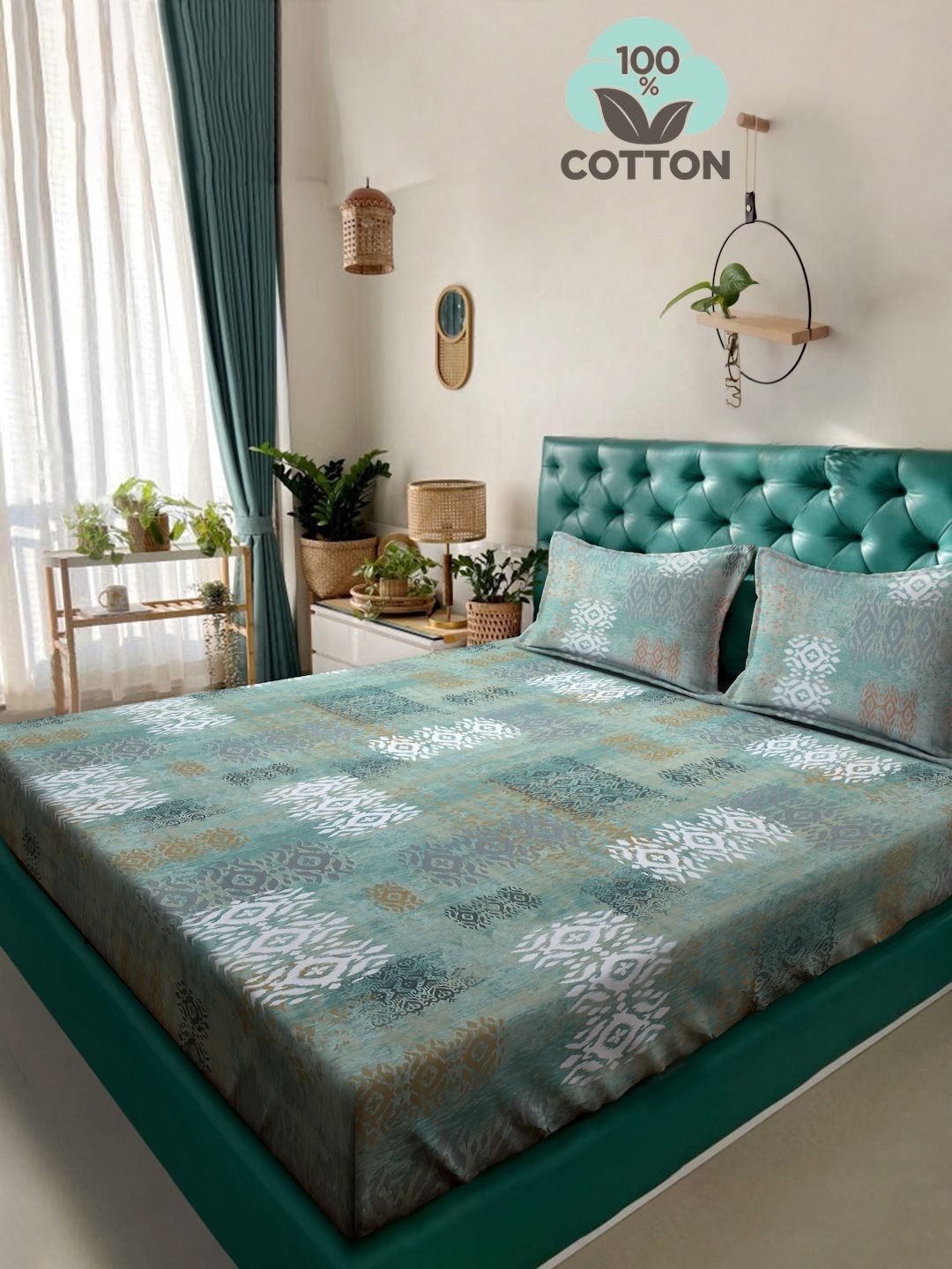 

KLOTTHE Green Geometric Printed 400TC Pure Cotton Double King Bedsheet & Pillow Covers