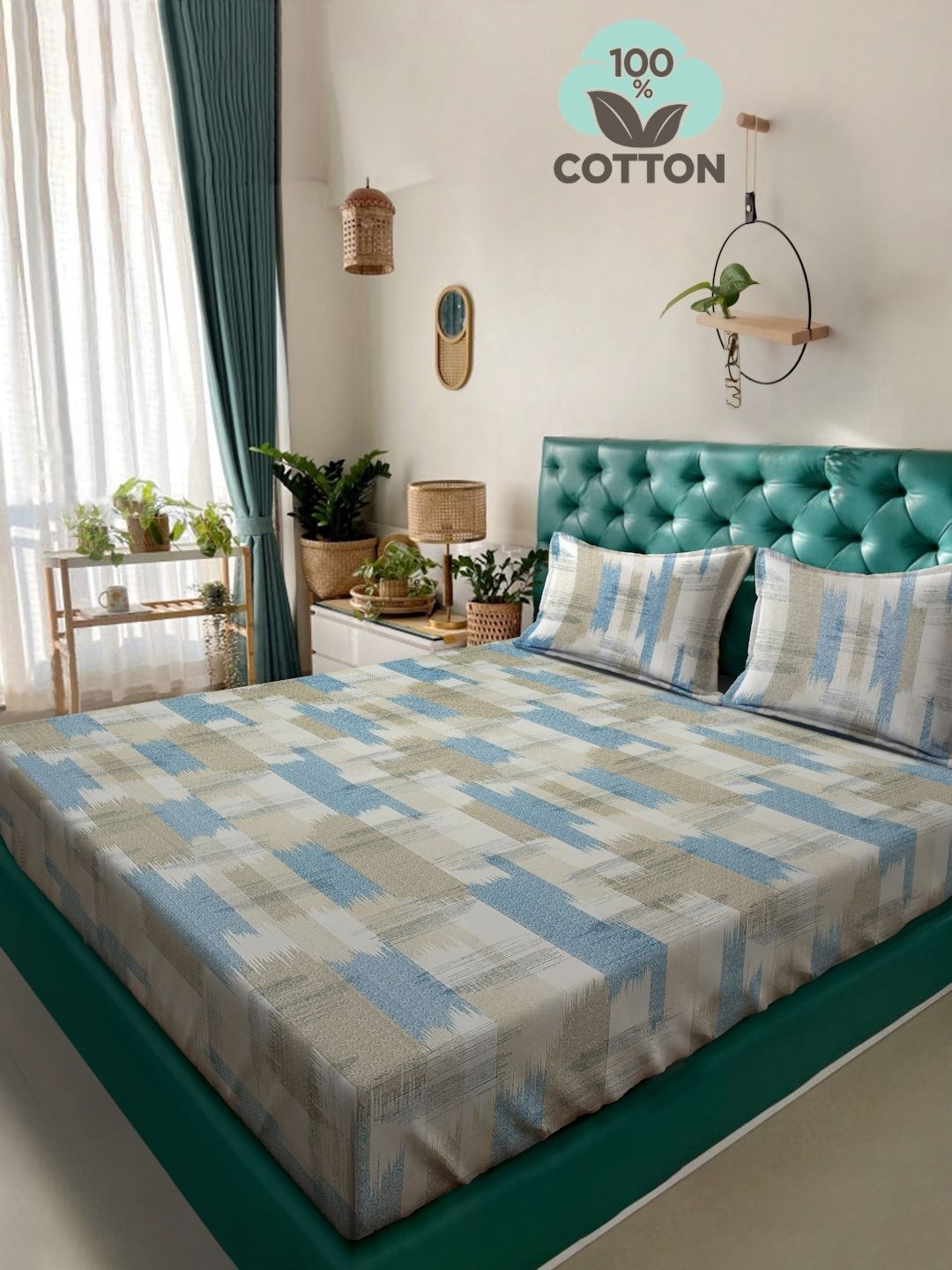 

KLOTTHE Beige & Blue Printed 400 TC Pure Cotton Double King Bedsheet With 2 Pillow Covers