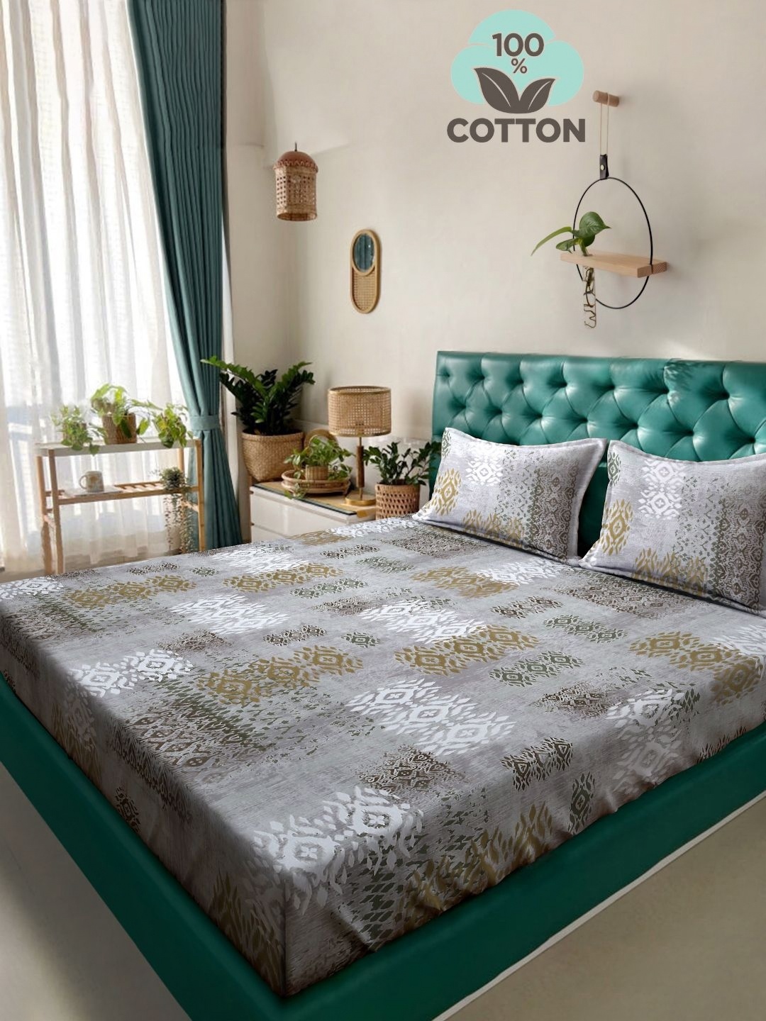 

KLOTTHE Grey & Brown Printed 400TC Pure Cotton Double King Bedsheet & Pillow Covers