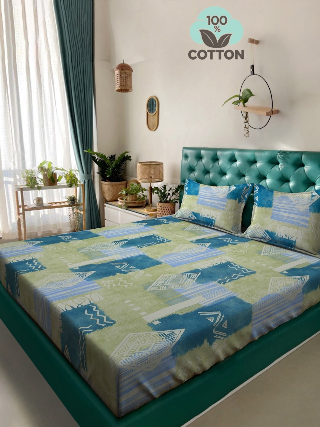 

KLOTTHE Green & Blue Printed 400TC Pure Cotton Double King Bedsheet & Pillow Covers