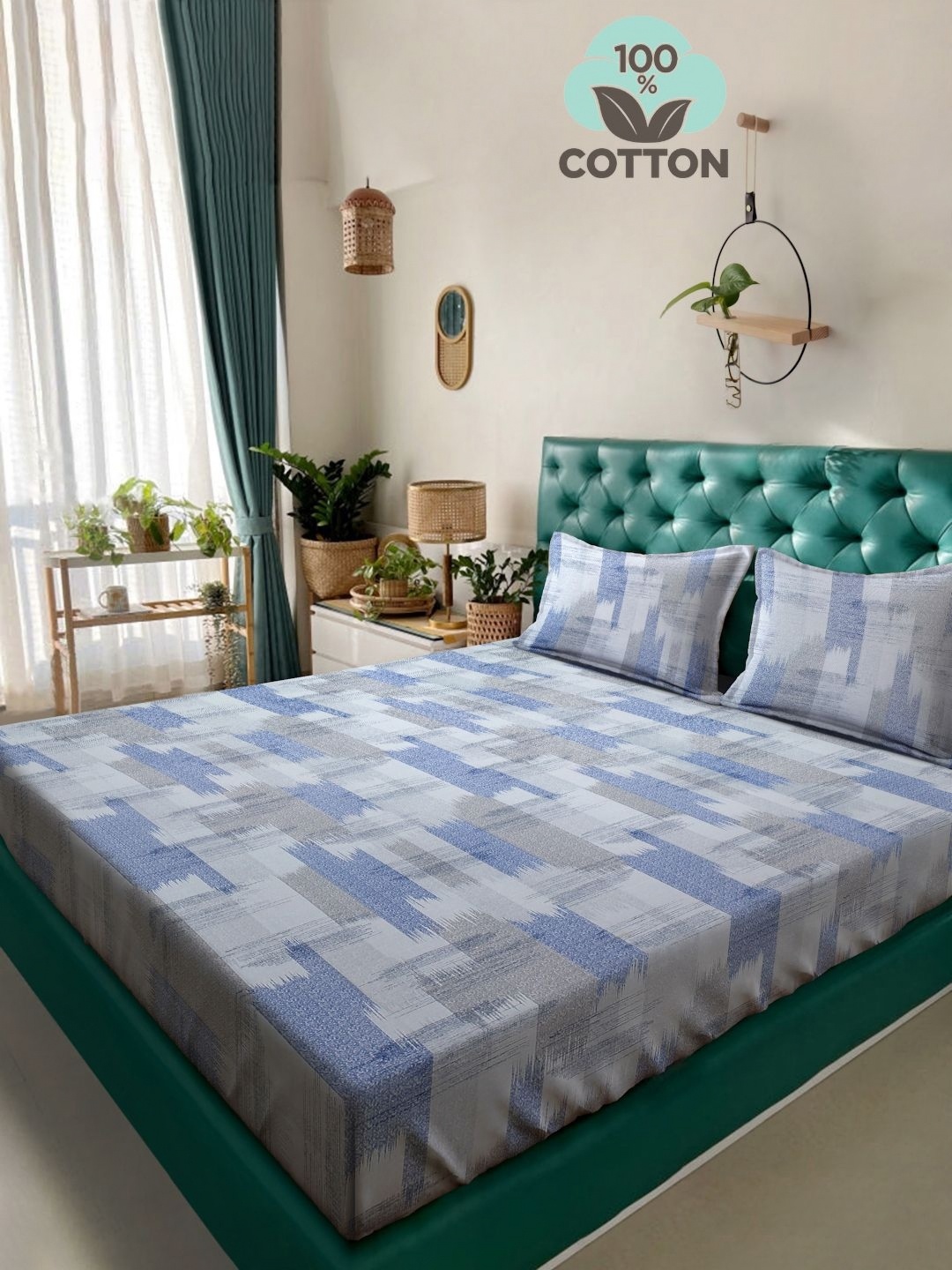 

KLOTTHE Blue & White Geometric Printed 400TC Pure Cotton Double King Bedsheet Set