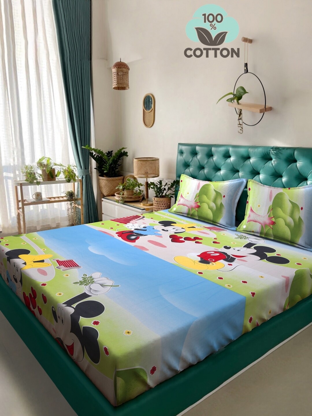 

KLOTTHE Green Cartoon Characters Printed 400TC Pure Cotton Double King Bedsheet Set