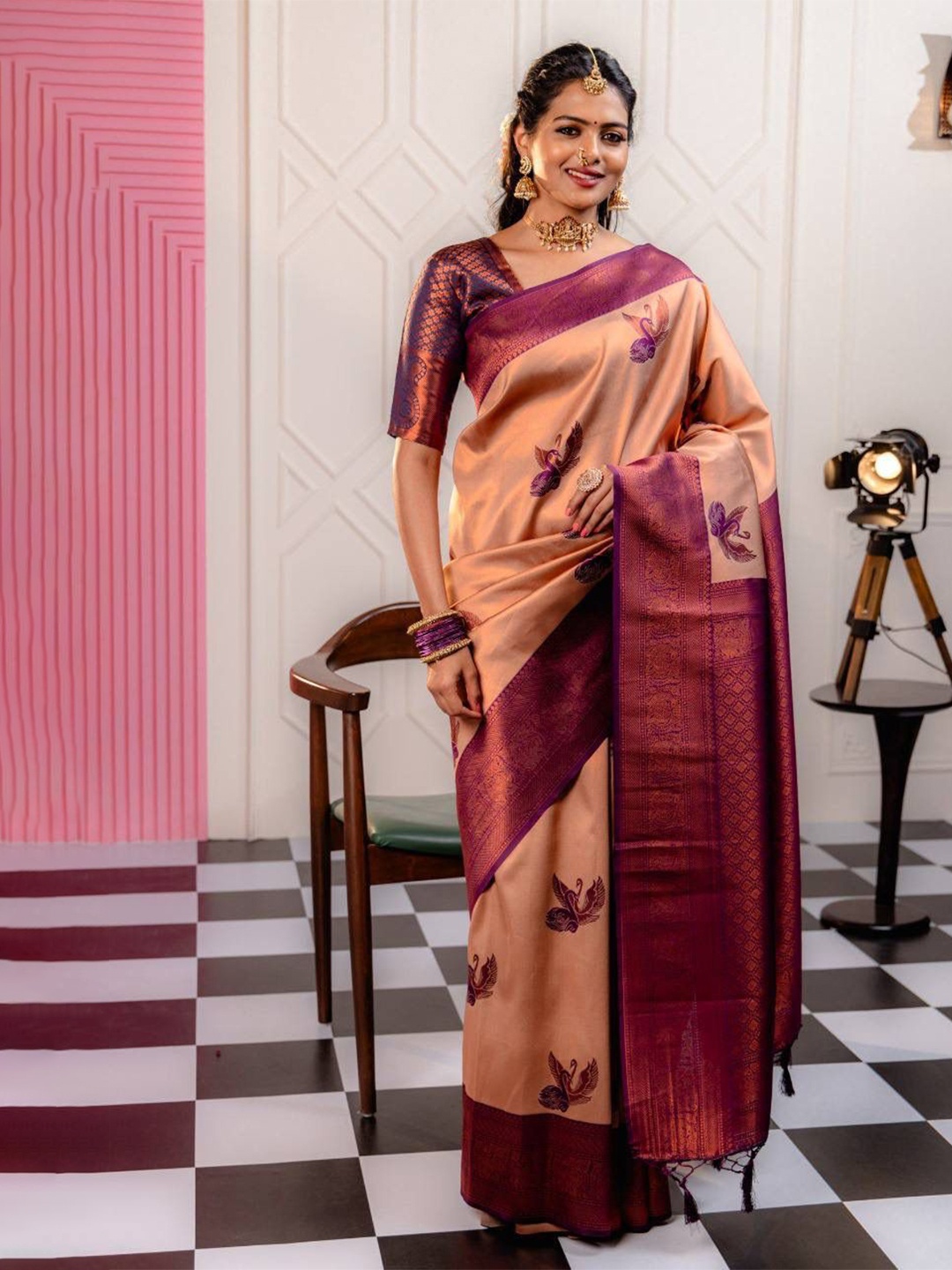 

TIEXA Woven Design Zari Pure Silk Banarasi Saree, Peach