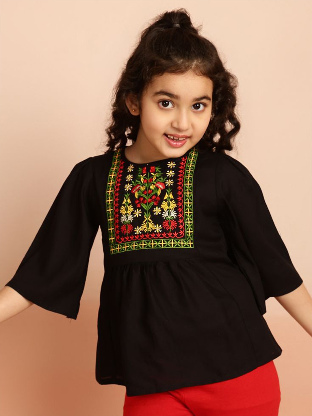 

BAESD Girls Embroidered Round Neck Top, Black