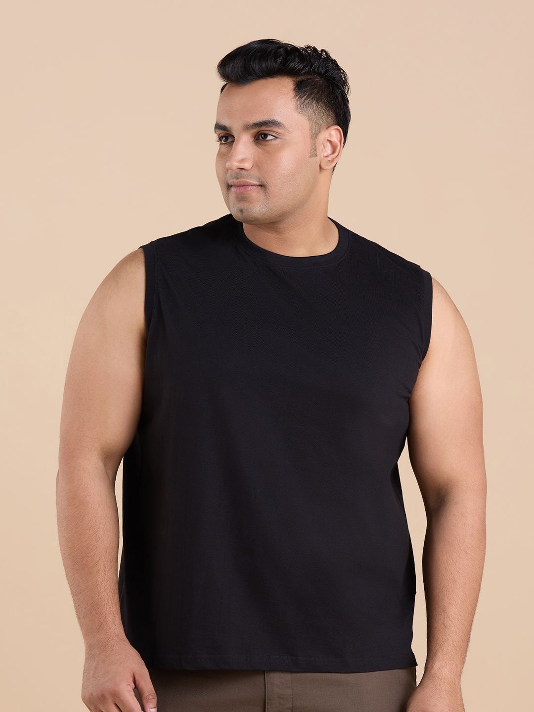 

BIG HELLO Men Round Neck Sleeveless Solid Pure Cotton T-shirt, Black