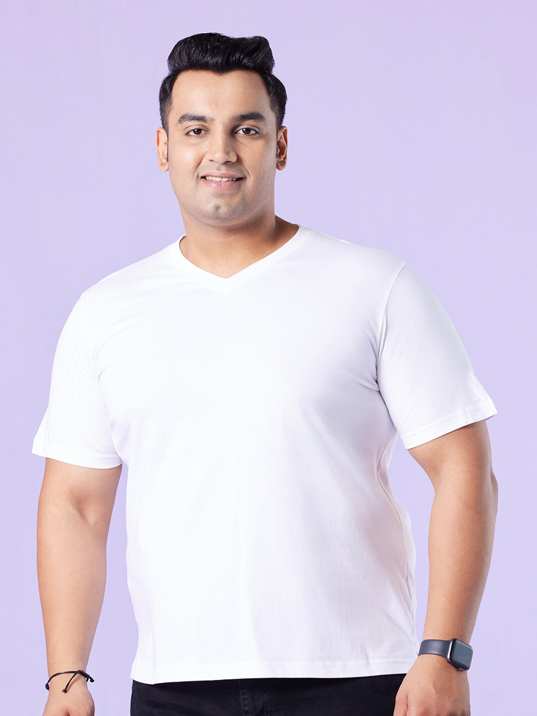 

Big Hello - The Plus Life Men V-Neck Solid Pure Cotton Plus Size T-shirt, White