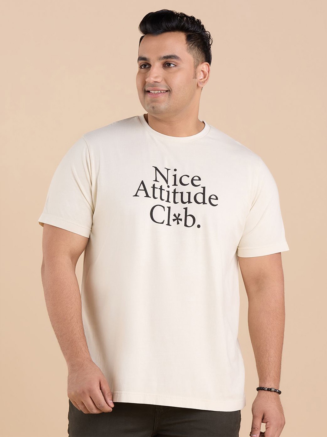 

Big Hello - The Plus Life Men Round Neck Typography Printed Cotton T-shirt, Beige