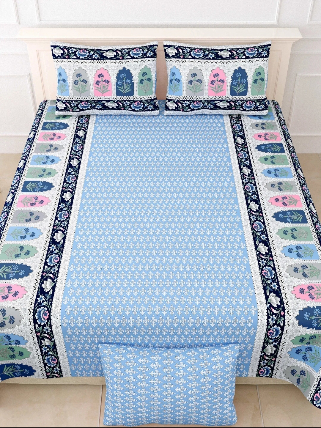 

LIVING ROOTS Double King Size Jaipur Block Print Cotton Double Bedsheet & 2 Pillow Covers, Blue