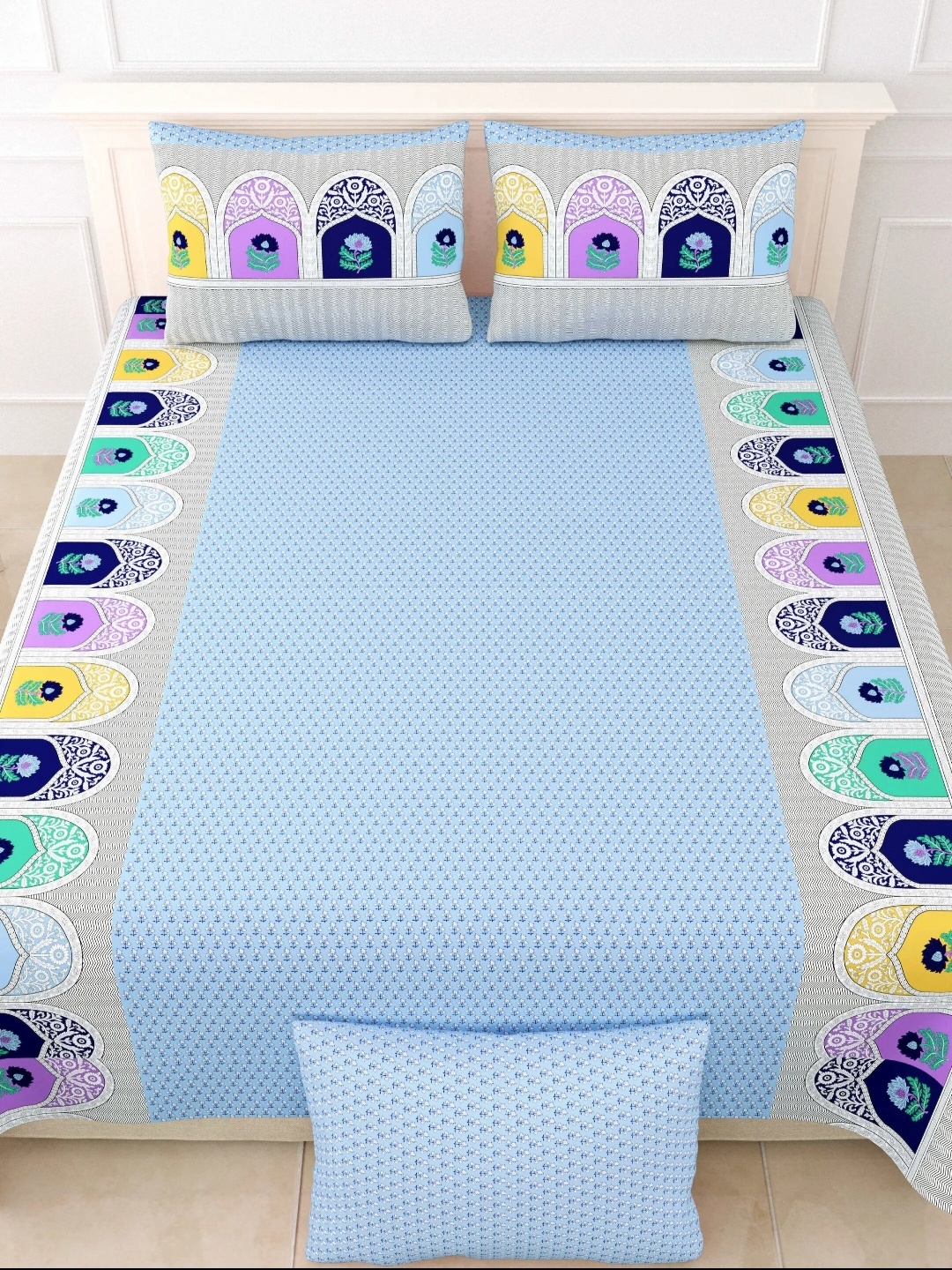 

LIVING ROOTS Double King Size Jaipur Block Print Cotton Double Bedsheet & 2 Pillow Covers, Blue