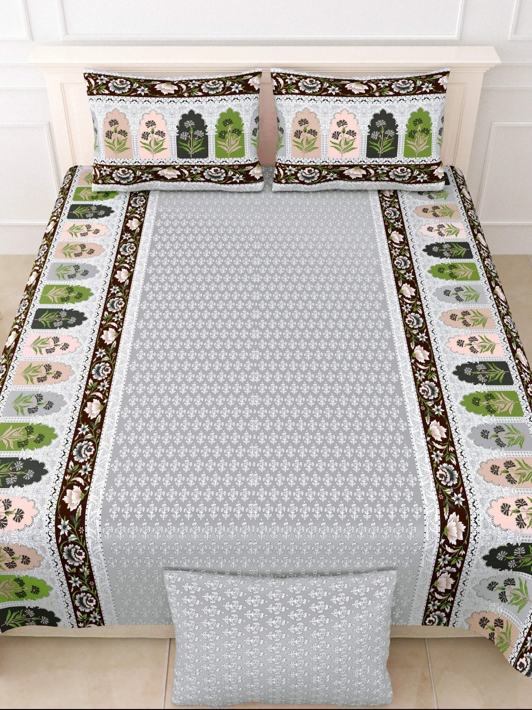 

LIVING ROOTS Double King Size Jaipur Block Print Cotton Double Bedsheet & 2 Pillow Covers, White