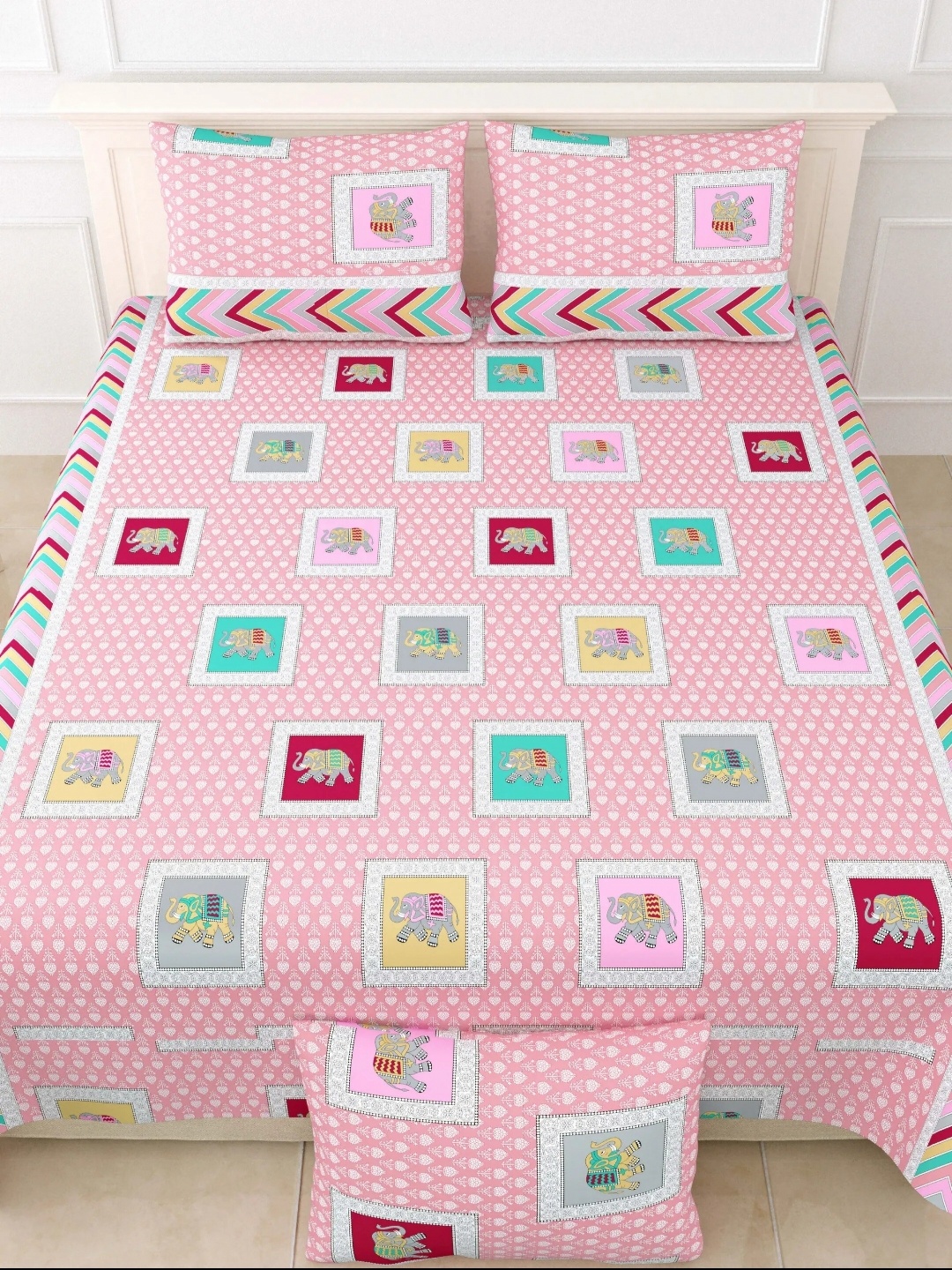 

LIVING ROOTS Double King Size Jaipur Block Print Cotton Double Bedsheet & 2 Pillow Covers, Pink