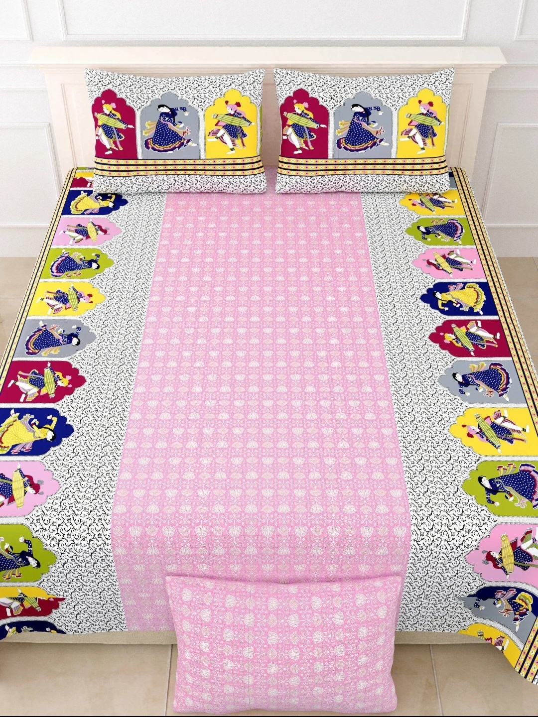 

LIVING ROOTS Double King Size Jaipur Block Print Cotton Double Bedsheet & 2 Pillow Covers, Pink