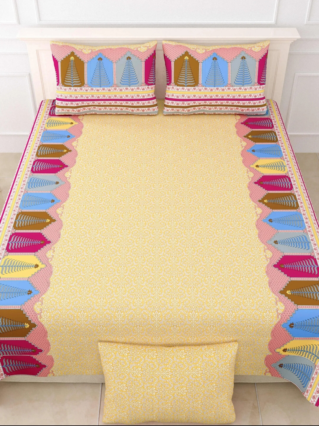 

LIVING ROOTS Double King Size Jaipur Block Print Cotton Double Bedsheet & 2 Pillow Covers, Yellow