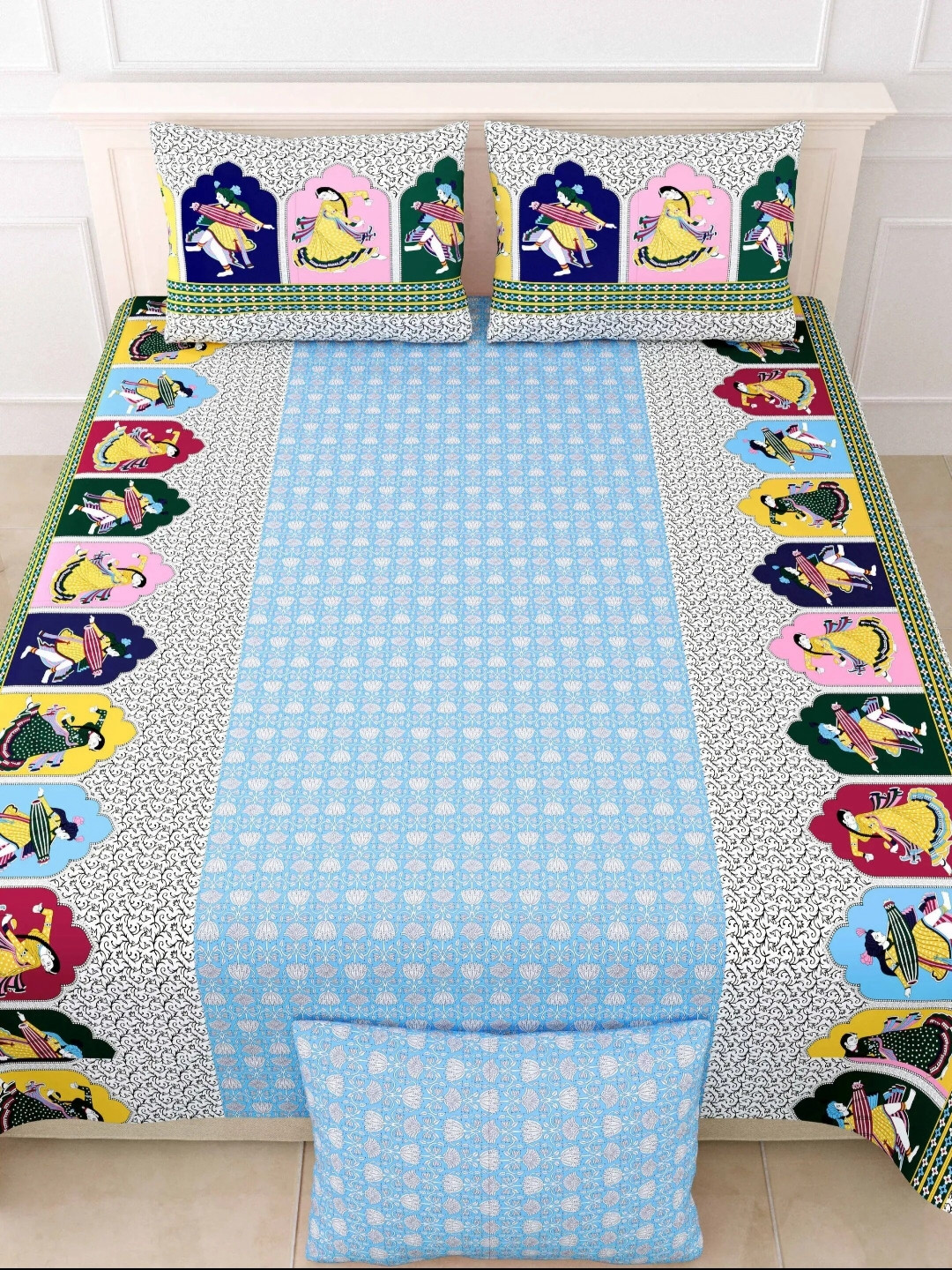 

LIVING ROOTS Double King Size Jaipur Block Print Cotton Double Bedsheet & 2 Pillow Covers, Blue